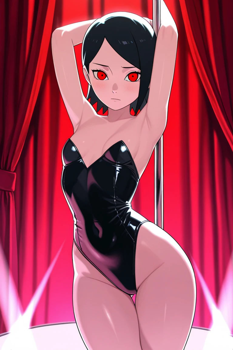 shuten douji, horns, bob cut, arms up, red skin, smile, hard, yellow eyes, solo, fangs, eyeliner, colored red skin, red horns, blush, purple hair, 1girl, medium breasts, oni horns, tattoo, oni, one-piece highcut microkini, looking at viewer, makeup, navel, open mouth, wid hips, thighs, collarbone, nu, gradient background, lying in armchair, legs spread, show virilha, full body,