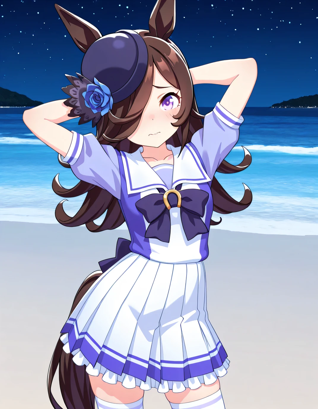 ddrice, animal ears, horse tail, purple eyes, brown hair, hair over one eye, blue headwear, hat flower, tilted headwear, tracen school uniform, purple shirt, sailor shirt, sailor collar, purple bow, horseshoe ornament, puffy short sleeves, white skirt, pleated skirt, frilled skirt, white thighhighs, 3d, high quality, solo, cowboy shot, (contrapposto), (hands behind head), closed mouth, night sky, beach, looking at viewer, wavy mouth, shy, best quality