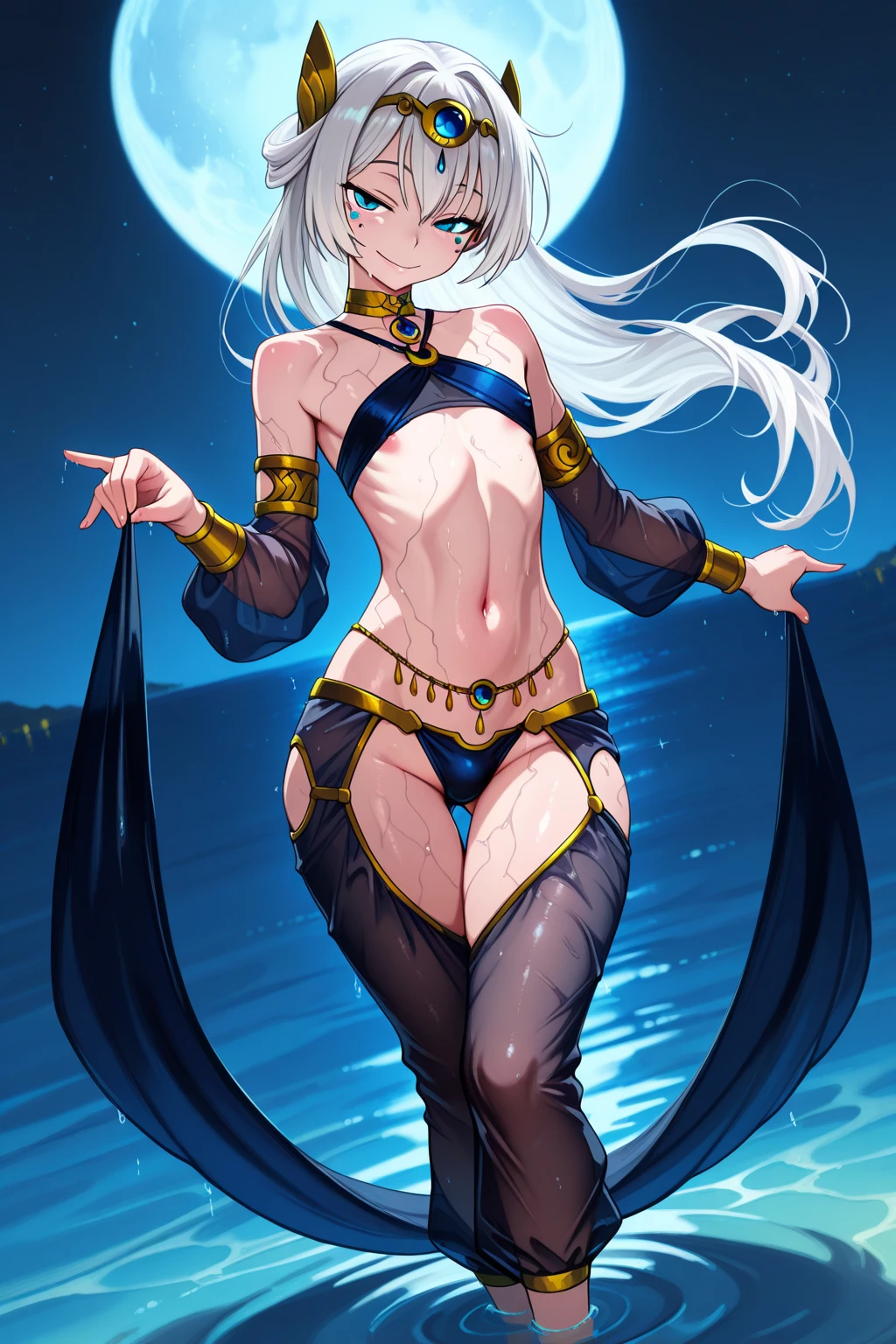 Silent magician, ropa apretada, from behind,Whale Tail, panties, thong,poca piel visible, (( ruborizada, sonrisa, oiled skin)), pelo largo, cabello blanco, (( white hair)), sombrero blanco, Skinny body, chubby girl, big sagging breast , monstruo de duelo, Iparuputsua, de pie en la entrada de un castillo, magic world background, mundo medieval .