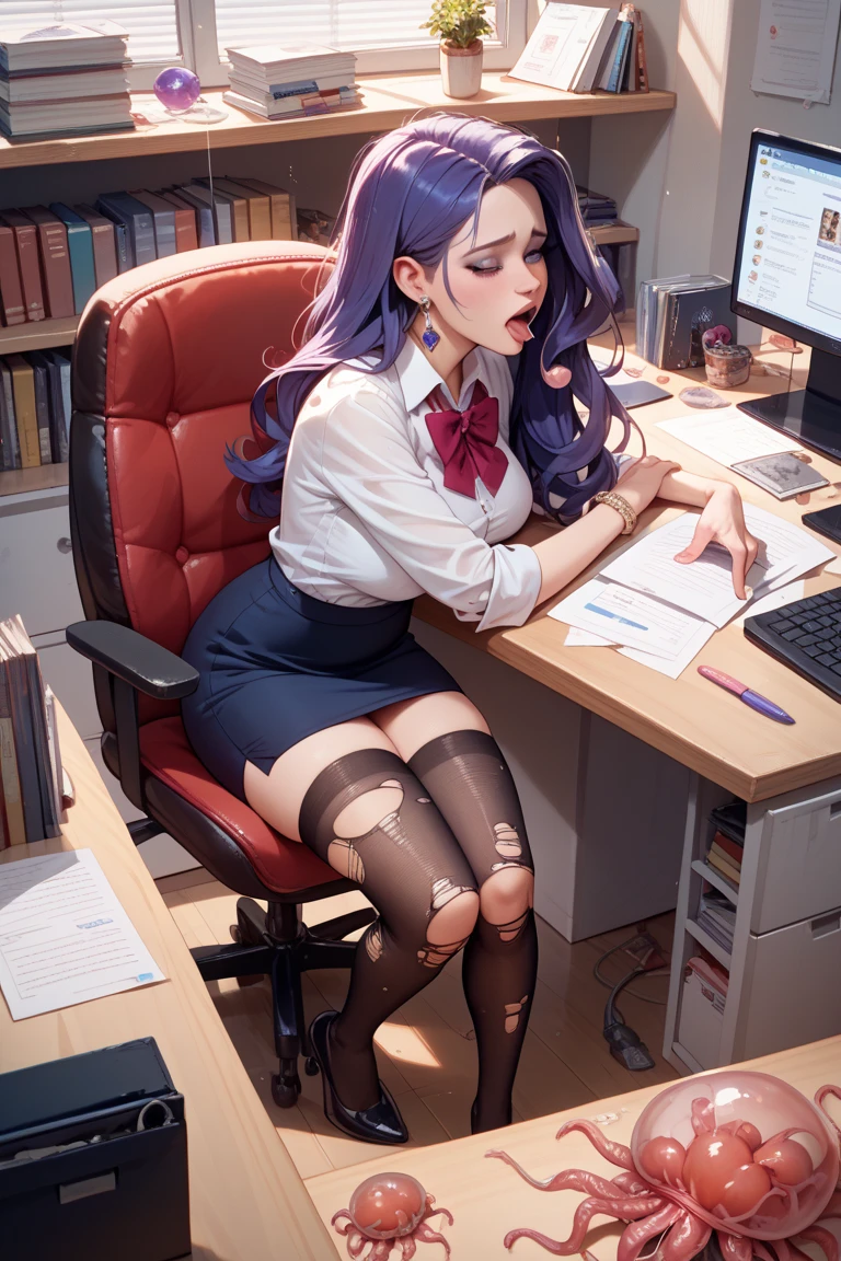 Masterpiece, Ultra-detailed 3d Render of Realistic TwilightHuman, 1girl, Solo, 8k Resolution, Science Fiction, Cyberpunk,
long blue hair, hair pulled back, Pony-tail hair style, purple eyes, {glasses}, blunt bangs, {Lavender skin}, Smiling, Facing viewer, Looking at Viewer,
{Lab Coat}, Shirt, Knee-length Skirt, Stockings, Shoes,
Leaning over a computer,
Cyberpunk Laboratory, Computers, Technology, Monitors, Machines,
Dynamic Lighting, Cinematic Lighting,
<lora:TwilightHuman:1>