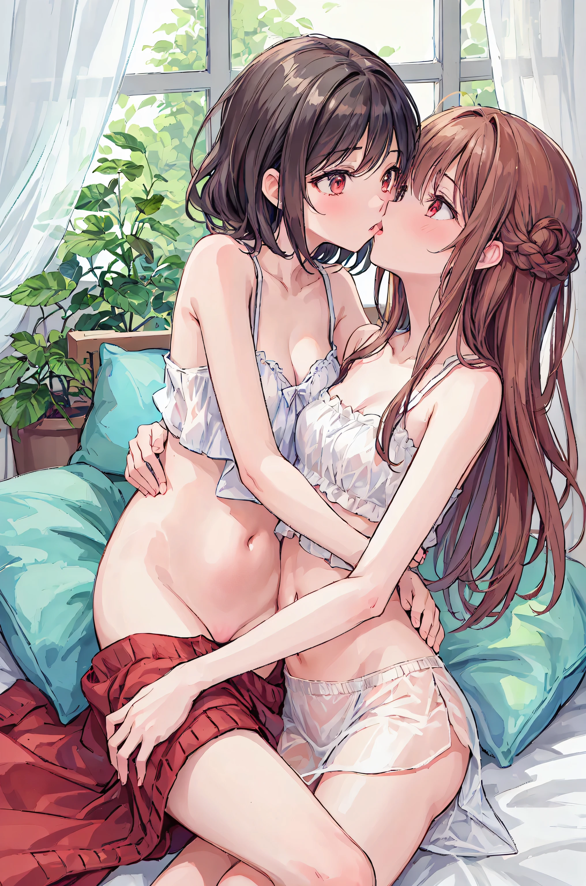 One girl, masterpiece, High resolution, Sonic Edge_Rias_Gremory,Long Red Hair, ((Wedding dress, room, Bridal Lingerie, Wedding Themes))，Small breasts，((Highest quality)), (Very detailed), (High-definition CG synthesis 8K wallpaper), 高いly detailed, 高い-definition raw color photos, Professional photography, (((Bokeh))), Written boundary depth,Underwear visible、Highest quality, 超High resolution, (realism: 1.4), Depth of written boundary, Beautiful Face, (Purelos Face_v1: 0.8), 
masterpiece, Highest quality ,8k，2 girls, lily, (kiss:1.8), (フレンチ・kiss), Blushing, close your eyes, (tongue), (saliva), (Explore), Place your hand on your chest, tongue吸い, Sweat,  pantyhose, Disheveled clothes, Lightweight shorts, Sweatで体に張り付くブラウス, Lightweight underwear, Sexy Lingerie, Shorts that were taken off, Ecstasy, Disheveled Hair, Pee leaks, Wet feet, Damp clothes,How to sit a girl，Delicate eyes, Full Hand, Prominent nose bridge，Fine Skin、Smooth、Perfect beauty、((Small breasts))，((Natural style))，Truly beautiful、Beautiful profile，Perfect Style，Ahegao，(Short black hair），(Brown hair ponytail)，Western-style room，On the bed，Lighting is dim，Do not join hands，Do not cross your legs，((女の子同士のkiss))，((Fingers in the crotch)) ，薄暗いroom，night，((Around 17 years old))，((one person is naked))，((Slim body))，((Foliage plant))，Large windows，Sheets at your feet，(Lying on the bed)，Upper body only，(((Exact number of hands))),((Exact number of legs))，((Accurate finger and toe shapes))、((Precise limbs))、(rape)、With legs wide open，(Accurate female genitalia),((Accurate ankle count)),((Accurate wrist count))，((Do not display extra limbs))，((Natural body orientation))