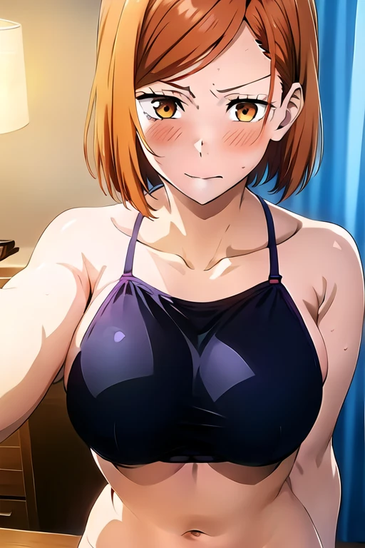 (masterpiece, best quality:1.2), high quality, 1girl, female solo, orange eyes, short hair, 160 cm, ginger hair, big breast, bright breasts, shining breasts, looking at viewer, standing, wear camisole, black camisole