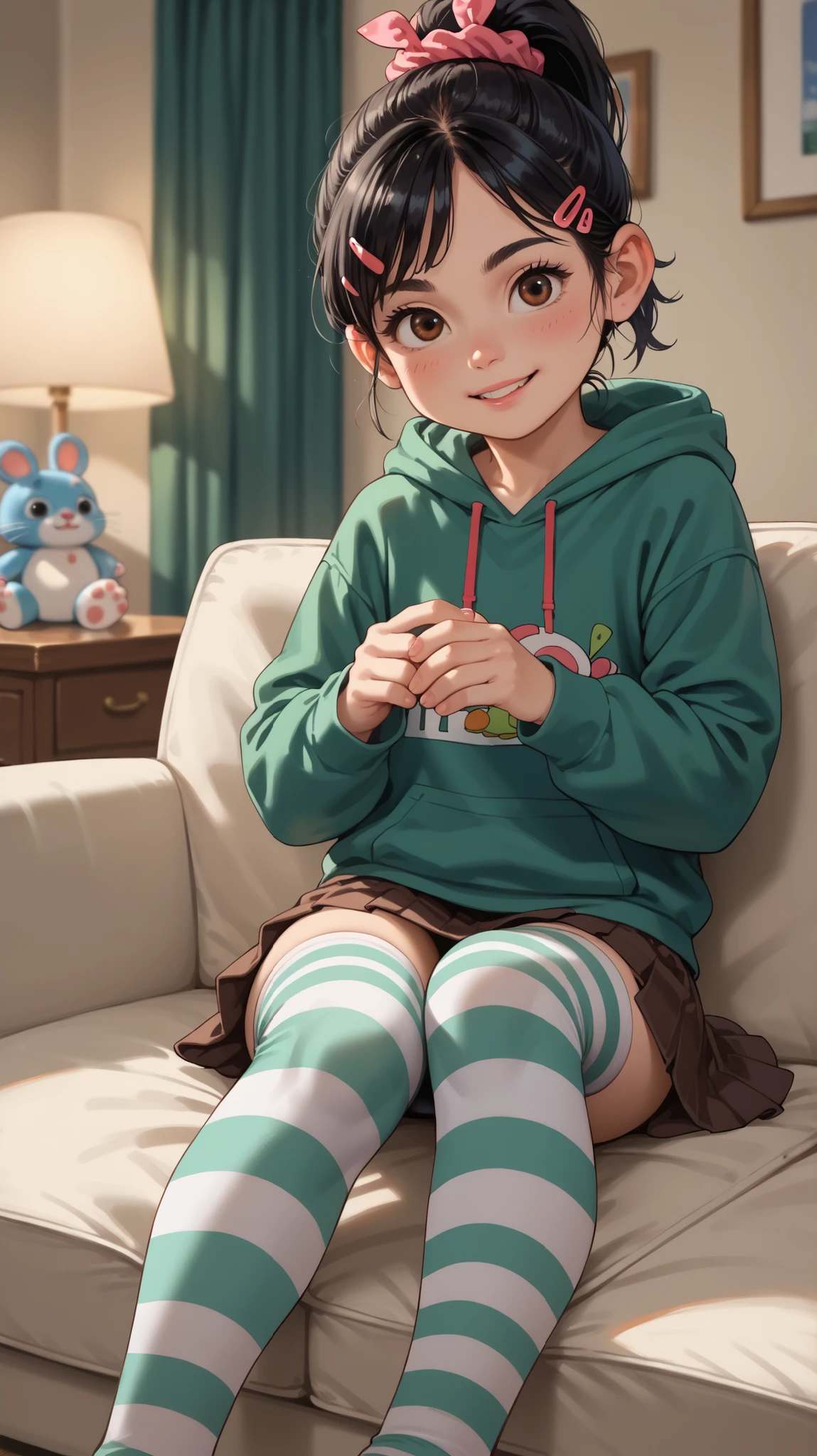 1 girl, VanellopevonS, 1girl, anime style, solo, black hair, hair ornament, hair scrunchie, green hoodie, hood down, brown skirt, striped thighhighs, small girl, cute, solo, sit, reclined, close up, indoor, hotel, living room, Miami, night