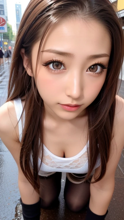 Realistic, masterpiece, Highest quality, Highest Resolution, High detail, Soft Light, Professional Lighting, Backlight, Film Grain, The background is blurred, Japanese , (The subject was photographed from the front),18-year-old, Full body photo, Looks sleepy, inattention, Grin, Open your mouth, Beautiful and detailed eye drawing, (Droopy eyes:1.3), Dark Eyes, Thin eyebrows, Draw eyelashes carefully, Eyelash extensions, Gal Makeup,   (Wavy Hair, Long Hair, Arranged hairstyle, middle part:1.3), (Hidden eyelid wrinkles:1.3), (Colorful micro bikinis:1.3), Outdoor、Somewhere by the water、Thighs、Five-toed feet、foot
