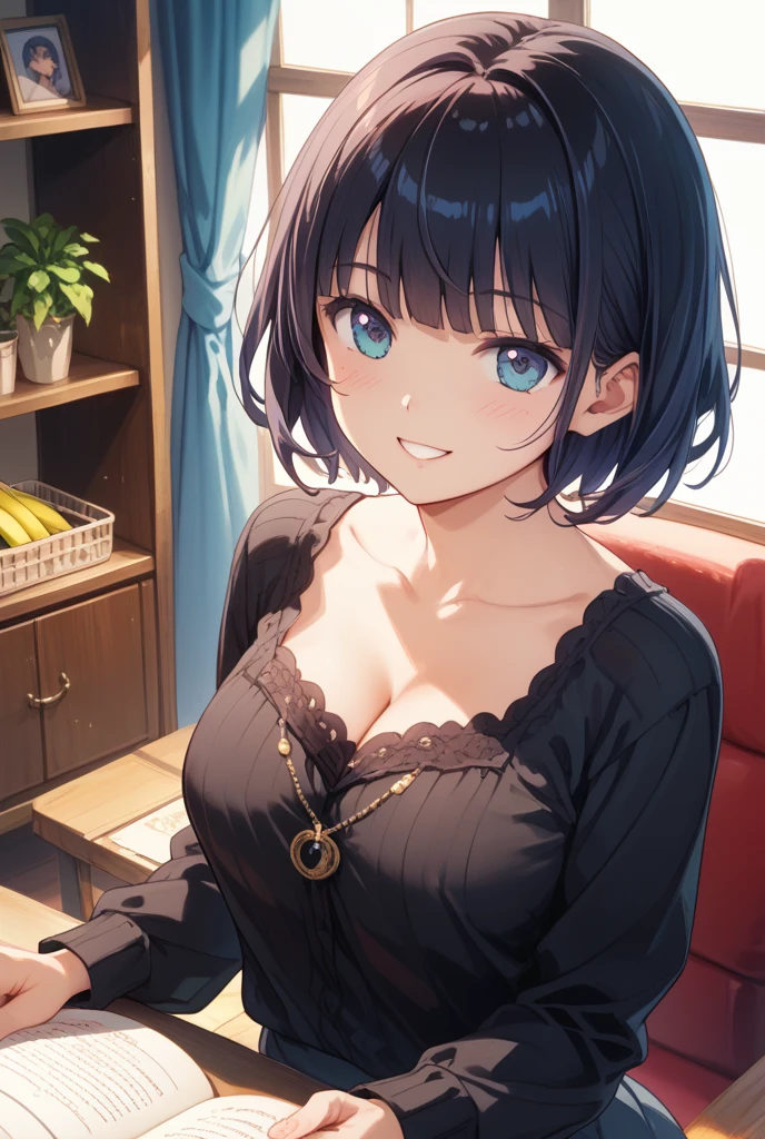 shiny skin,(Camisole blouse),skirt,(blunt bangs),sidelocks,(purple hair),(yellow eyes),indoor room,smile,(bare shoulder),(large breasts:1.55),(shiny,hair),((solo)),((masterpiece)),((best quality)),perfect anatomy,slim waist,perfect image,8k UHD,(beautiful detailed eyes:1.5),extremely detailed face,standing,(upper body:1.25),(look at the front:1.5),arms behindback,ultra-detailed,absurdres,highres,(lips),