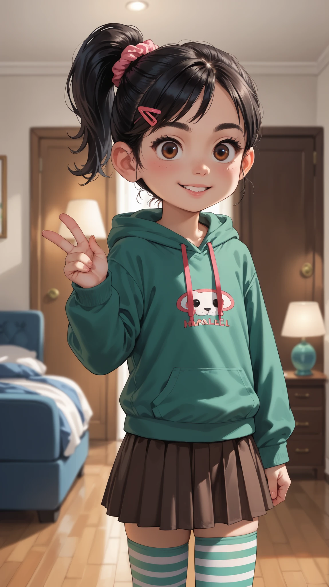 1 girl, VanellopevonS, 1girl, anime style, solo, black hair, hair ornament, hair scrunchie, green hoodie, hood down, brown skirt, striped thighhighs, small girl, cute, solo, standing, posing for photo, one hand up, close up, indoor, hotel, living room, Miami, night