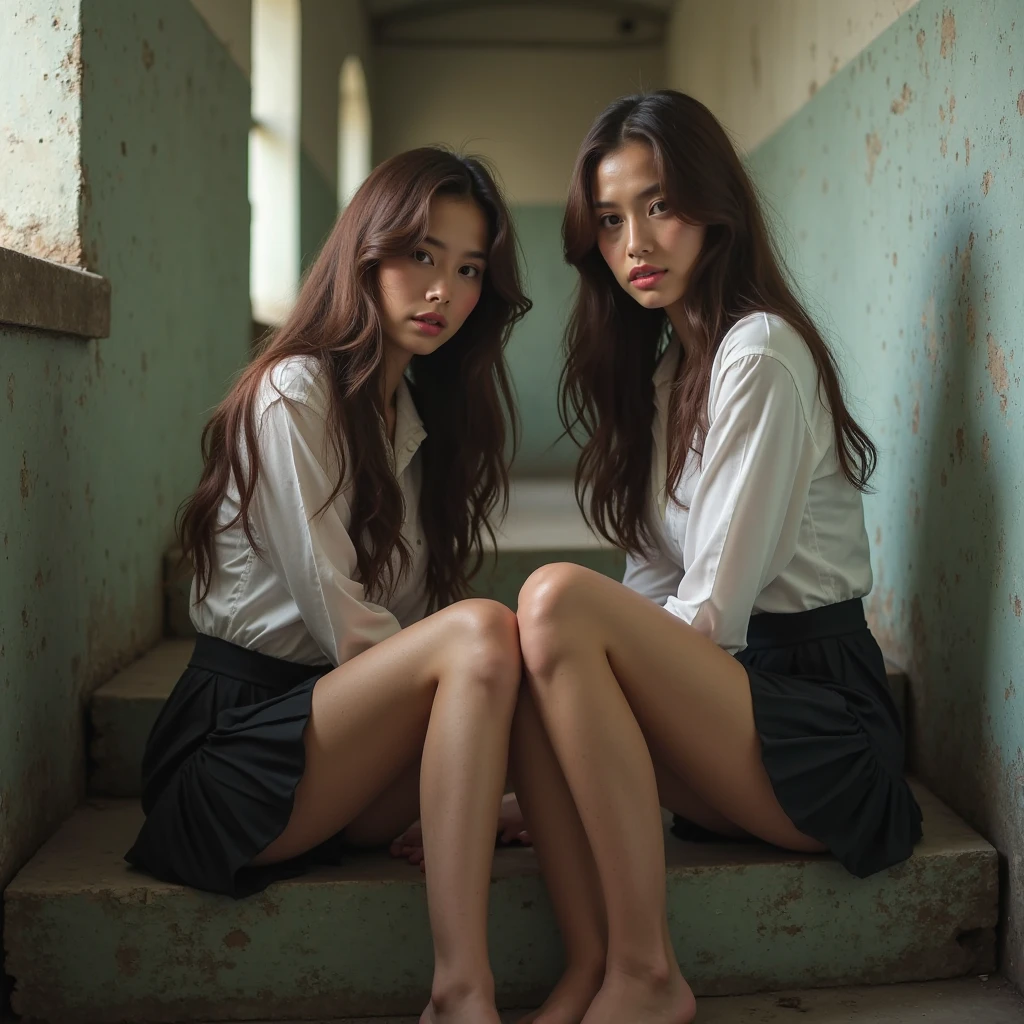 masterpiece,Exceptional image quality,Ultra-high resolution,Beautiful 16 year old girl in Japanese clothes ,sitting at a desk in the classroom,Legs open,In the classroom,evening,Skimpy white panties,Wear smaller leather shoes,Front view