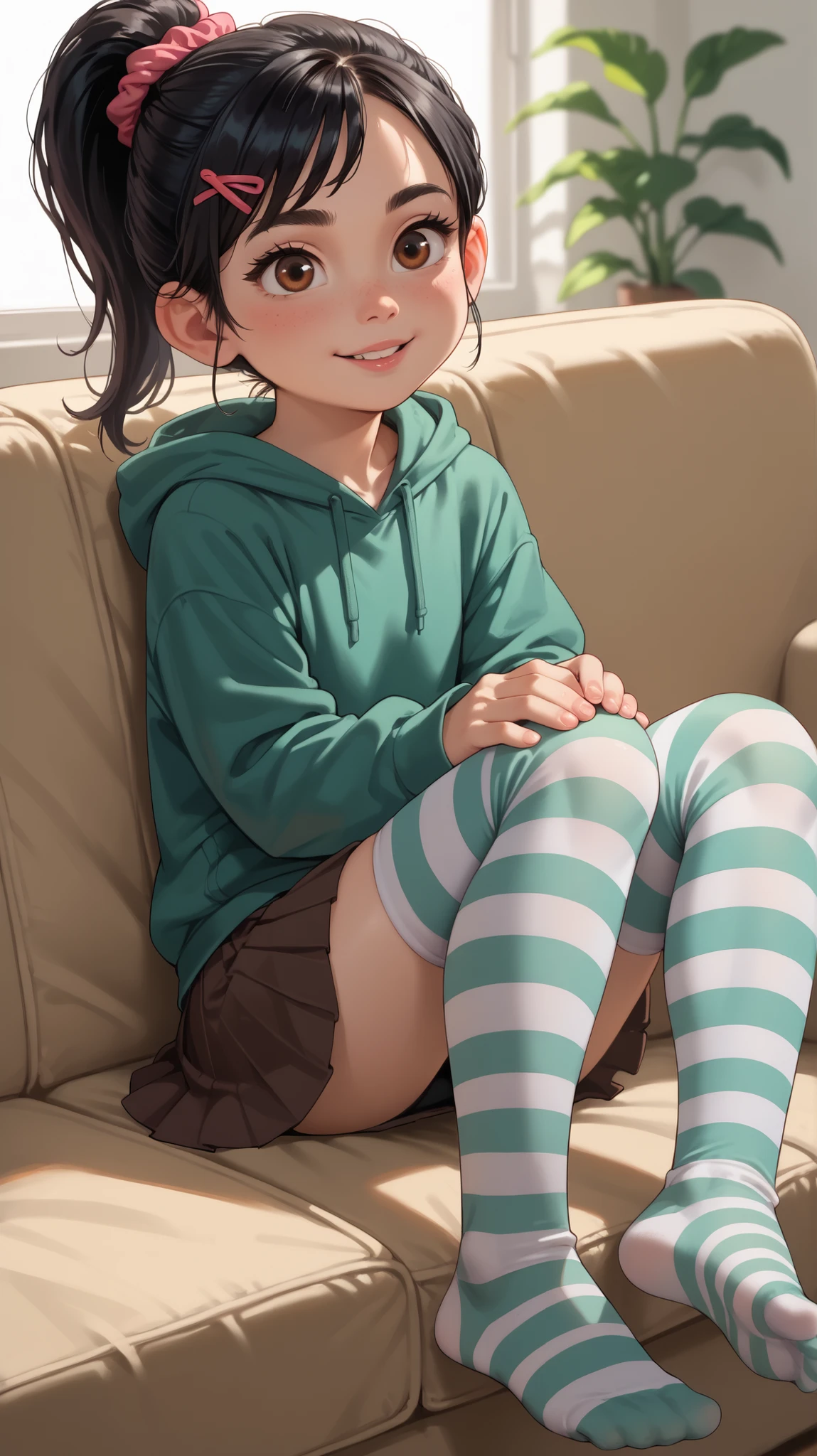 (masterpiece:1.2, top-quality), (realistic, photorealistic:1.4), beautiful illustration, (natural side lighting, movie lighting),
looking at viewer, fullbody, 1 girl, japanese, high school girl, perfect face, cute and symmetrical face, shiny skin, babyface,
(short hair, messy hair, silver purple hair), braided bangs, asymmetrical bangs, dark purple eyes, (middle breasts, seductive thighs, big ass), piercings,
beautiful hair, beautiful face, beautiful detailed eyes, beautiful clavicle, beautiful body, beautiful chest, beautiful thigh, beautiful legs, beautiful fingers,
((closed clothes, light grey green sleeveless hoodle, hood, light green shorts, light green socks)),
(beautiful scenery), evening, modern, girl's room, sitting bed, (lovely smile, upper eyes),