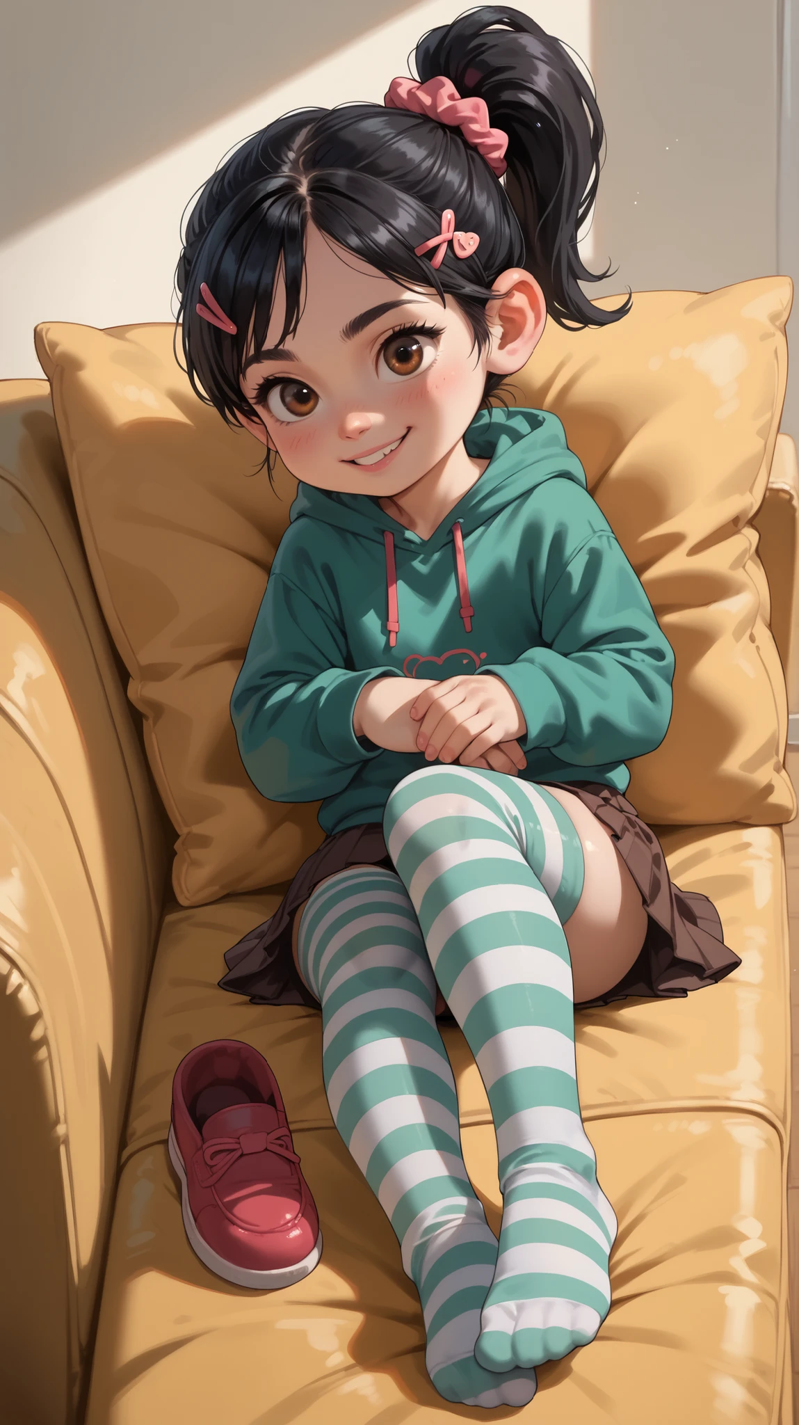 1 girl, VanellopevonS, 1girl, solo, black hair, hair ornament, hair scrunchie, green hoodie, hood down, brown skirt, striped thighhighs, (((no footwear))), small girl, cute, solo, sit on sofa, reclined, sit, close up, indoor