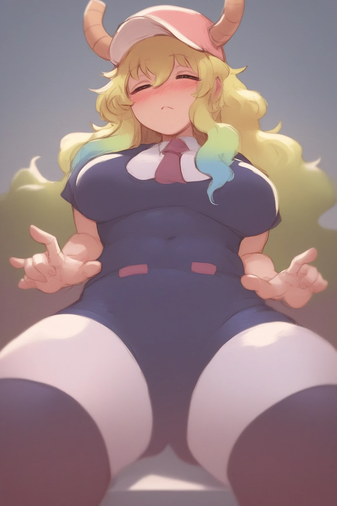(fhb), smug, twintails, urethra, skirt lift, skirt, open shirt, squatting, (flaccid), foreskin, looking at viewer, dominant, :3