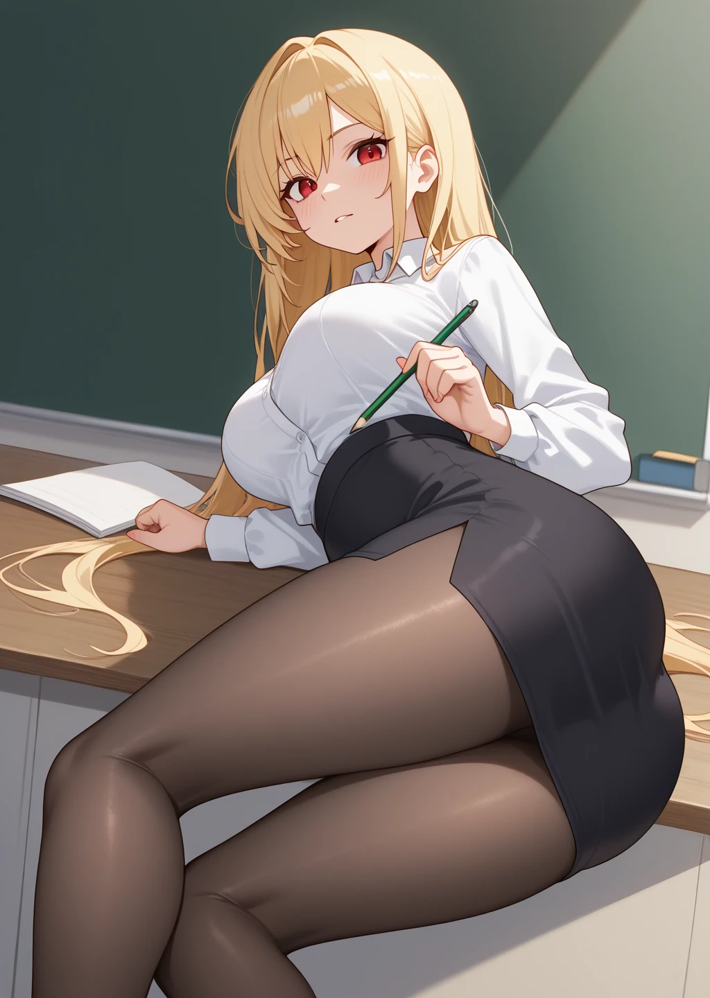 score_9, score_8_up, score_7_up, score_6_up, score_5_up, score_4_up, (reika kurashiki), (front view), (viewed from below), (full body), (2d anime style), (long blonde hair), large breasts, (white shirt), (deep cleavage), (red pencil blouse), (red pencil skirt), (black transparent pantyhose), (sexy black string panties), sexy curves, big head, (solo), sitting on desk, (spread legs), seductive pose, looking at viewer, serious expression, seductive expression, cute expression, heavy breathing (classroom background)