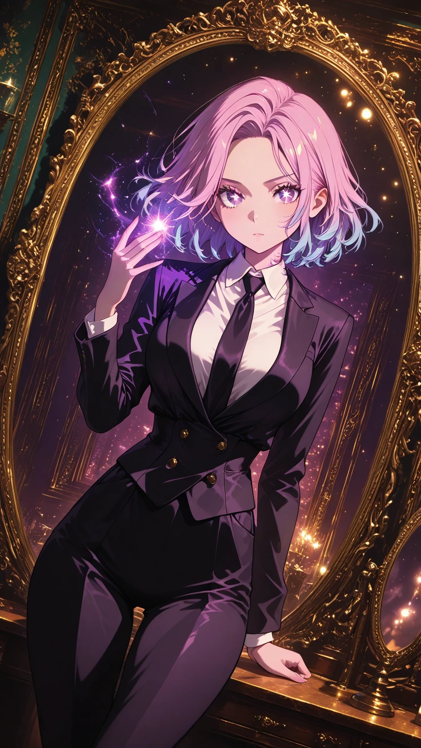 A young woman getting ready in front of a mirror , Women use magic , Using magic, she transforms from bedhead hair to a suit and tie style , kawaii , Envelop her body in magical, sparkling particles , Everyday world, casual atmosphere , sexy pose ,
break ,
( ambient occlusion:0.9 ) , masterpiece , best quality , ultra-detailed , high resolution , extremely detailed CG , unity 8k wallpaper , super detailed skin , perfect anatomy , detailed beautiful face , detailed beautiful eyes , highres , chiaroscuro , highly detailed background , elaborately designed clothes , cinematic lighting , dramatic angle , light particles , ARW ,