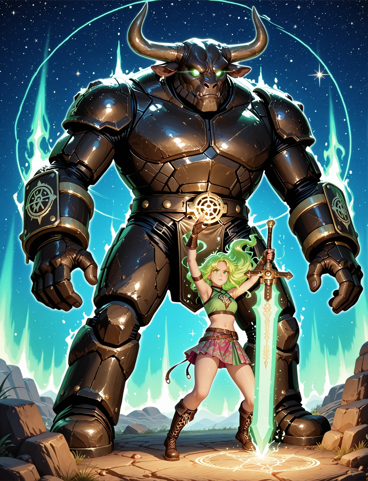 (qualidade superior:1.2), (ultra detalhado:1.1), ( epic fantasy :1.3), ((1girl)), ((powerful_mage:1.4)), ((magical_battle_outfit)), ((crop_top:1.2)), ((asymmetrical_skirt)), ((glowing_green_arcane_patterns:1.3)), ((floating_hair:1.2)), ((glowing_determined_eyes)), ((enchanted_gloves)), ((mystical_aura)), ((channeling_magic_pose:1.3)), ((raised_hand)), ((floating_ancient_ruins:1.4)), ((rotating_magical_symbols)), ((two_giant_energy_golems:1.4)), ((translucent_green_constructs)), ((armored_bull_golem)), ((warrior_golem_with_sword)), ((night_sky_background)), ((magical_aurora)), ((starry_backdrop)), ((dramatic_lighting:1.2)), ((pure_magic_effects)), ((arcane_runes)), ((energy_streams)), ((magical_particles)), ((depth_of_field)), ((power_stance)), ((epic_scale)), ((magical_atmosphere)), ((sci_fi_elements)), fantasy_meets_scifi