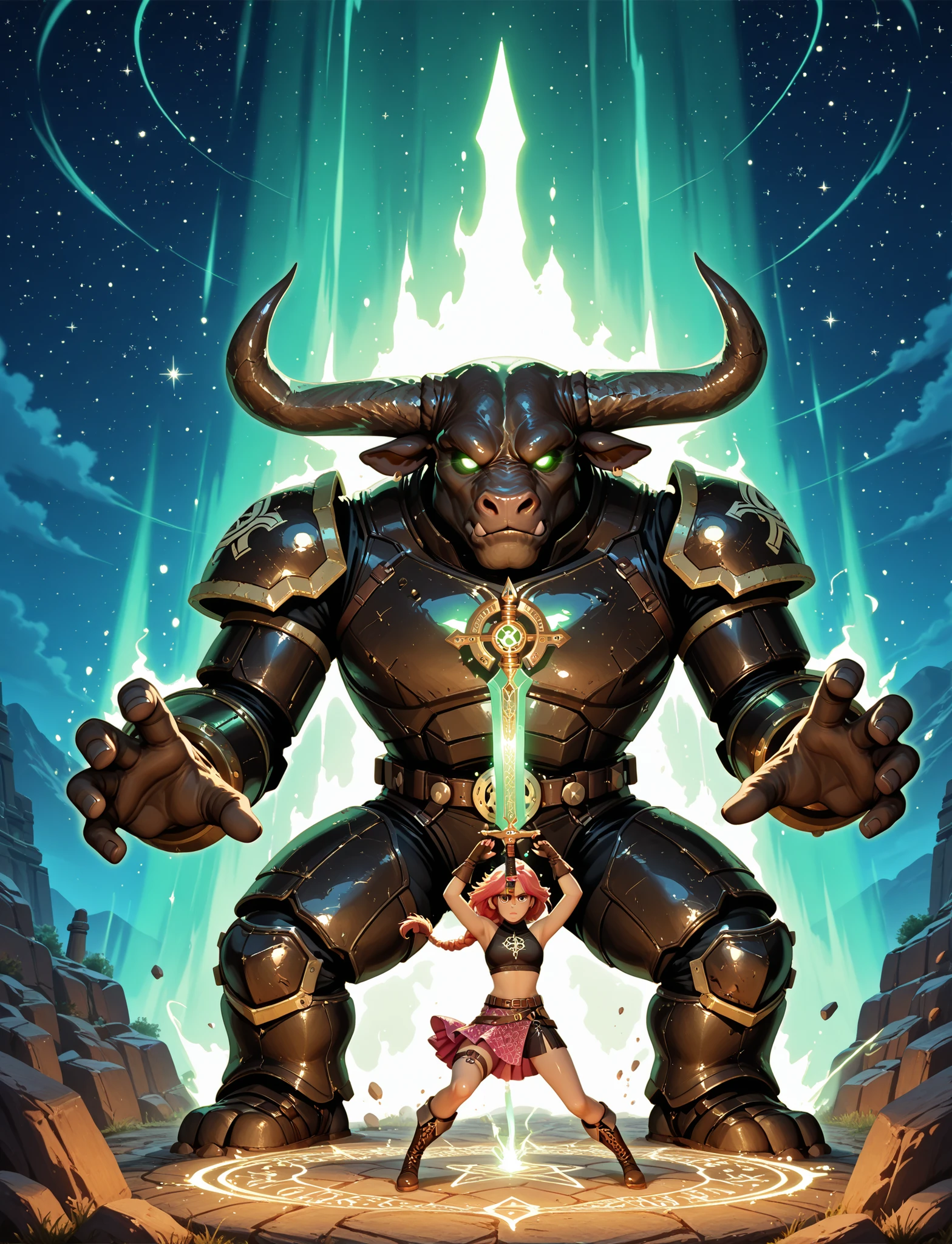 (qualidade superior:1.2), (ultra detalhado:1.1), ( epic fantasy :1.3), ((1girl)), ((powerful_mage:1.4)), ((magical_battle_outfit)), ((crop_top:1.2)), ((asymmetrical_skirt)), ((glowing_green_arcane_patterns:1.3)), ((floating_hair:1.2)), ((glowing_determined_eyes)), ((enchanted_gloves)), ((mystical_aura)), ((channeling_magic_pose:1.3)), ((raised_hand)), ((floating_ancient_ruins:1.4)), ((rotating_magical_symbols)), ((two_giant_energy_golems:1.4)), ((translucent_green_constructs)), ((armored_bull_golem)), ((warrior_golem_with_sword)), ((night_sky_background)), ((magical_aurora)), ((starry_backdrop)), ((dramatic_lighting:1.2)), ((pure_magic_effects)), ((arcane_runes)), ((energy_streams)), ((magical_particles)), ((depth_of_field)), ((power_stance)), ((epic_scale)), ((magical_atmosphere)), ((sci_fi_elements)), fantasy_meets_scifi