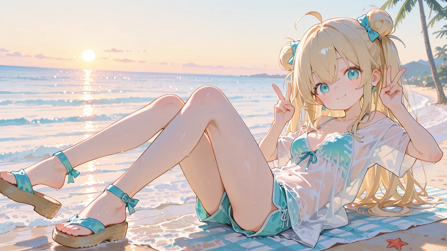 The ultra -The high-definition、high-level image quality、top-quality、Full limbs、complete fingers、Beautuful Women、1 persons、ssmile、Bink Hair、poneyTail、White School Swimsuit、knee high、Indentation、Summer Beach、cinematlic lighting