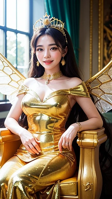 Princess (Brown Hair, wearing long dresses, Have a magic wand), background (forest, moon), Chinese Dragon (One, Five-clawed golden dragon, Two Wings), Princess riding a dragon,smile