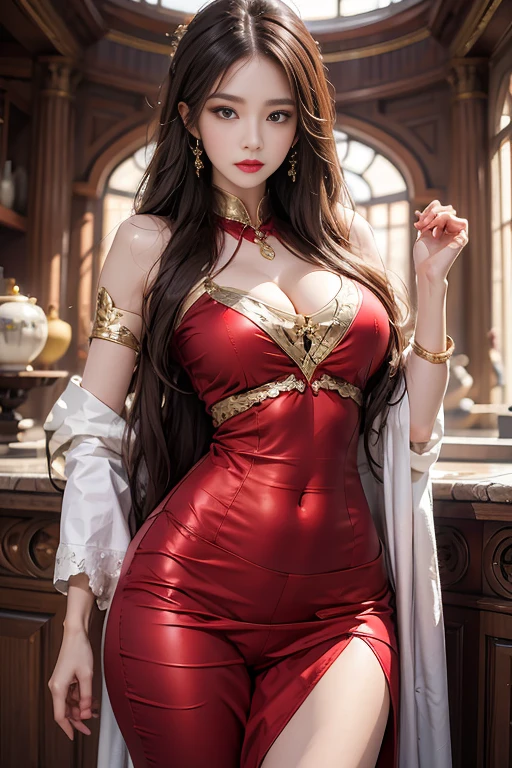 a close up of a woman in a red dress with a hat, beautiful render of tang dynasty, ancient chinese princess, kazakh empress, a young woman as genghis khan, ((a beautiful fantasy empress)), chinese empress, chinese princess, ancient chinese beauties, inspired by Tang Di, tang dynasty, inspired by Li Di, a beautiful fantasy empress