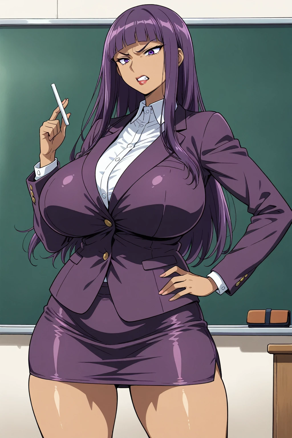 sexy pose, (pink dress : 1.2), lab coat, black skirt, classroom, Nijou Aki, 27 yo, mature women, anime cels style, best quality, high resolution, (gigantic breasts:1.3), cowboy shot, blush, smiling, (purple eyes), blue hair