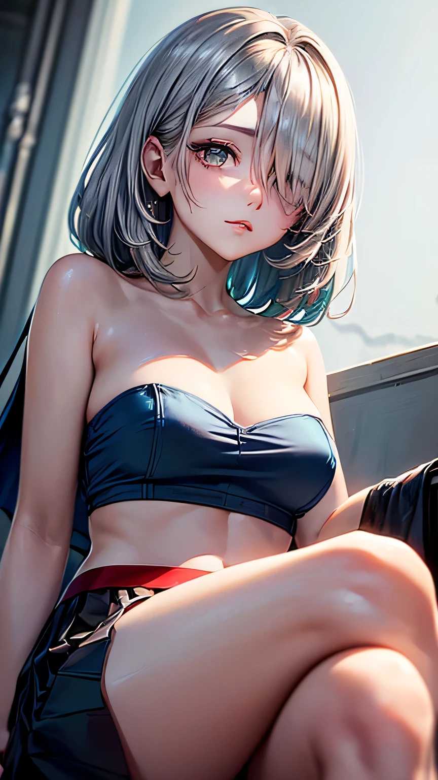 (topless), nsfw, masterpiece, magazine cover, 1 girl, erect nipples, las vegas, neon lights, nipples, high angle, intricately detailed, navel, necklace, holding smartphone, beautiful face, denim shorts, smiling, extremely detailed, photorealistic, octane render, 8 k, unreal engine. horse ears, horse tail, bare breasts, bare stomach, sweaty, detailed, cowboy shot, small breasts, puffy nipples, black belt, leg strap, hair ribbon, texts, sexy, shirtless, bare arms, hands on waist, short white hair, flat chest, slim waist, petite body, night, outdoors, desert