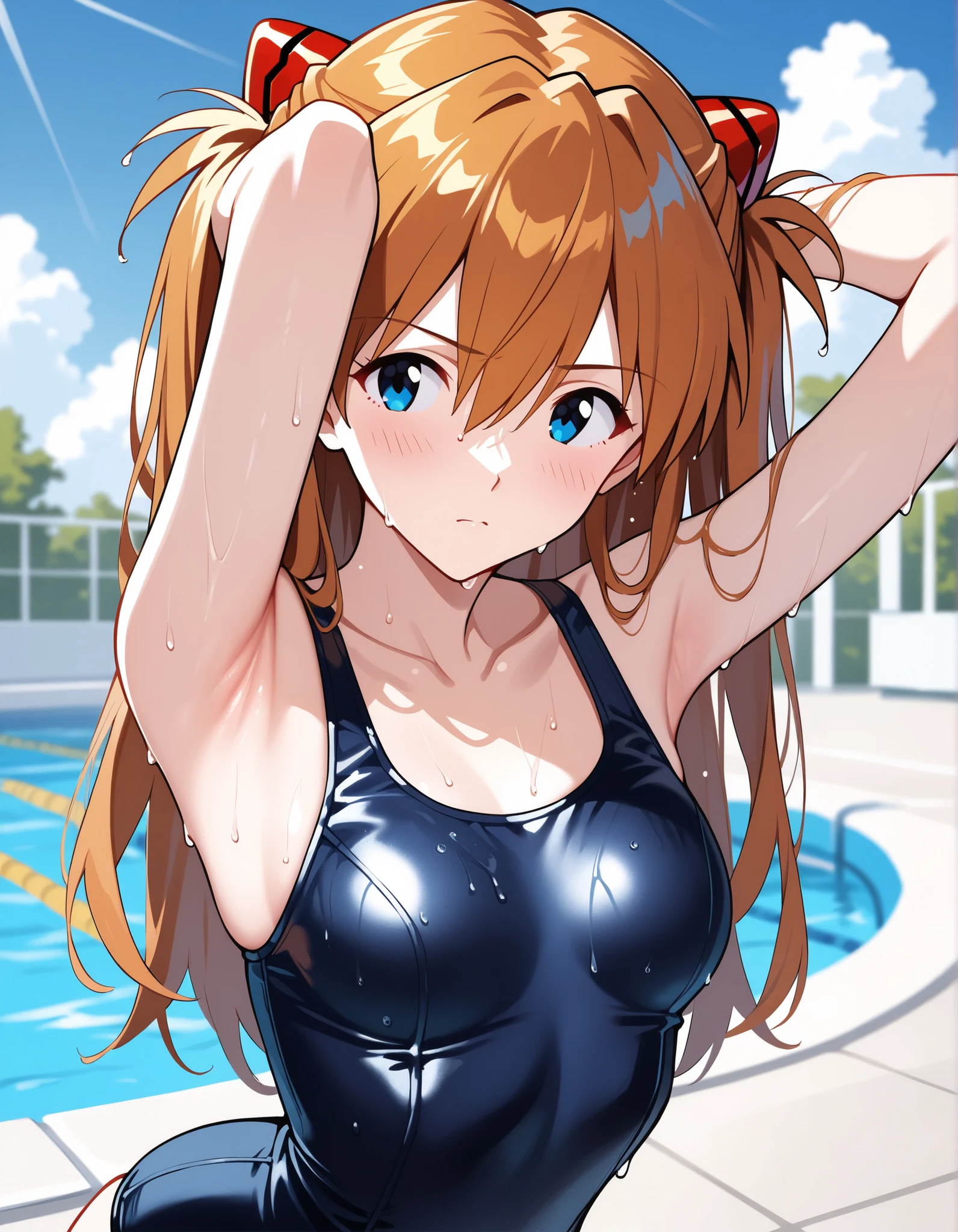 in poolside,Wet Dress Competition Swimwear,Competition Swimsuit Slip,School swim wear,wetted skin,Wet face,(1 woman, solo, tall woman, long orange hair, straight hair ,
),(wet and disheveled hair),A cute smile that makes the viewer happy,large full breasts,Leaning forward from the pool,Bold sexy poses,Digital Illustration,(natural soft light),(Sunlight),(Professional Lighting),(Raw photo.),(masterpiece,top-quality,Ultra-high resolution output image,) (The 8k quality,),(Image Mode Ultra HD),