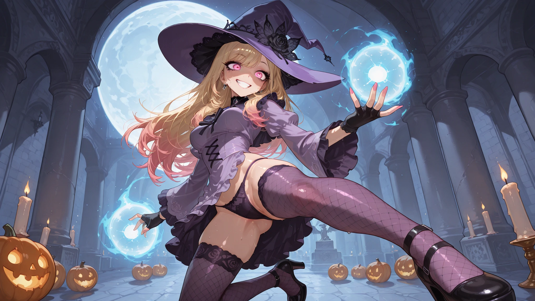 (((Masterpiece))), (((Best Quality: 1.4))), ((Super Detail: 1.4)) , hyper detailed painting of a female Metallia, one girl, hyper detailed face features, expressive face, detailed textures, natural skin shader, volumetrics, warm undertones under her skin, ultra High resolution. long blond hair ,witch hat with an purple eye, twin braids, vagina, pussy, slim sexy body, green eyes, naked, vaginal or anal sex, cum inflation.