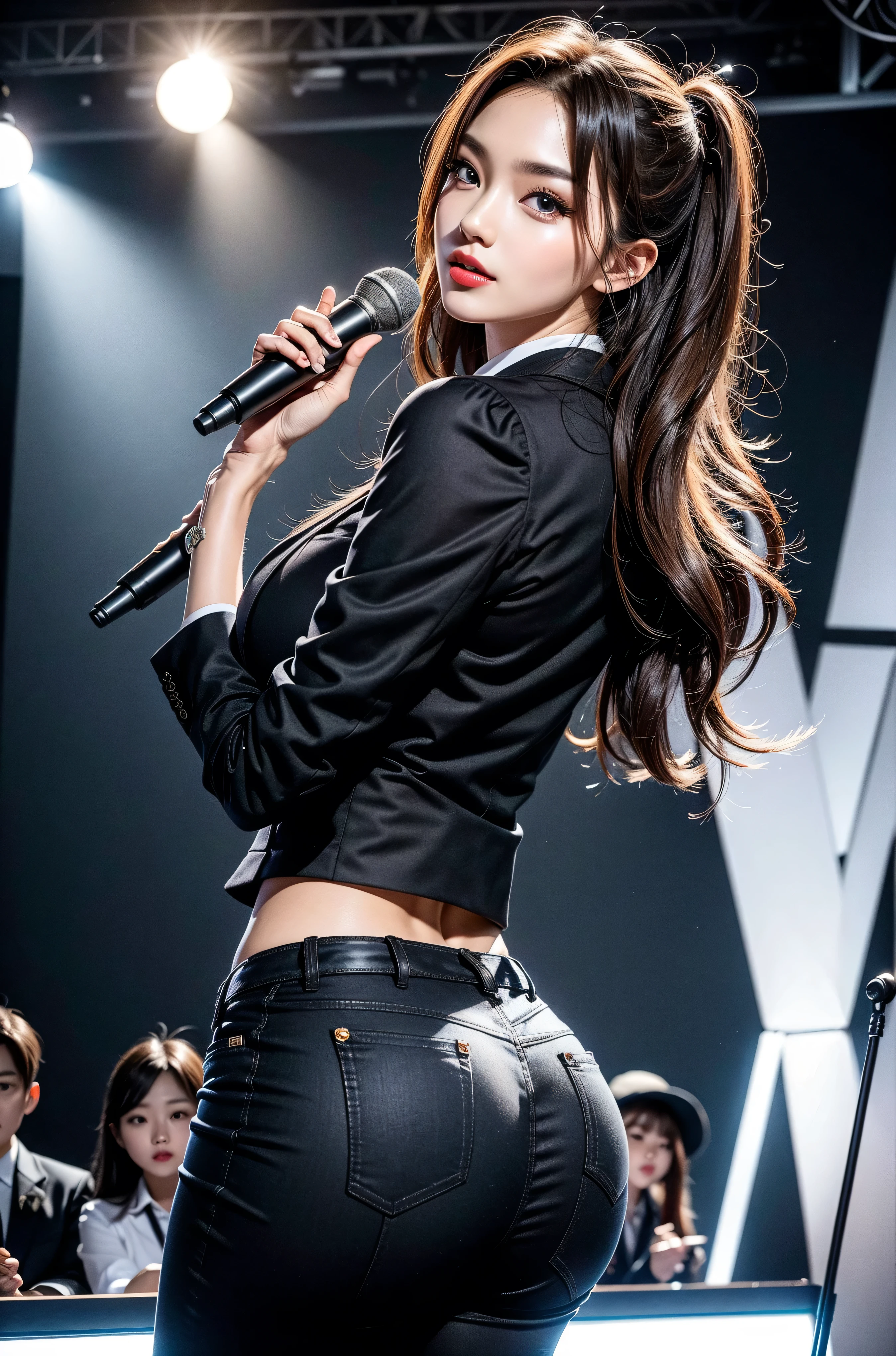 (8k,best quality,masterpiece,practical,super detailed:1.3),(2 girls,beautiful korean girl, kpop idol),(black suit jacket:1.2),(White skinny trousers:1.1),(serious expression:1.2)discuss,(speech,handheld microphone:1.2)(crowd,audience:1.3),Sexy long legs, (thigh gap:1.5),wide hips,S-shaped body, Buttocks raised,,black hair,(ass focus:1.1)shot from behind