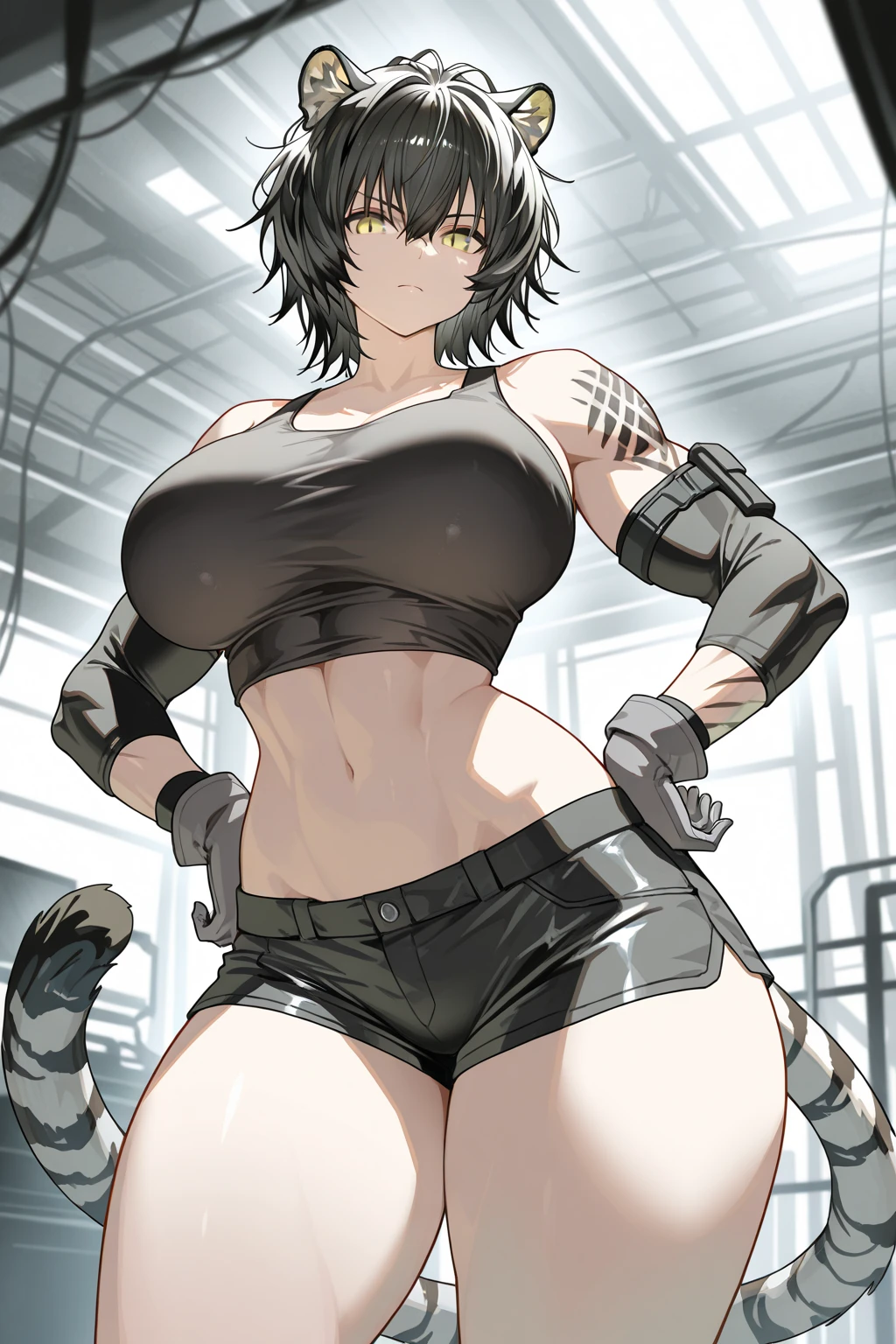 Anime style image of a girl with short blue hair wearing a very tight  uniform and her arms are full of bandages, she has a serious expression and is angry 