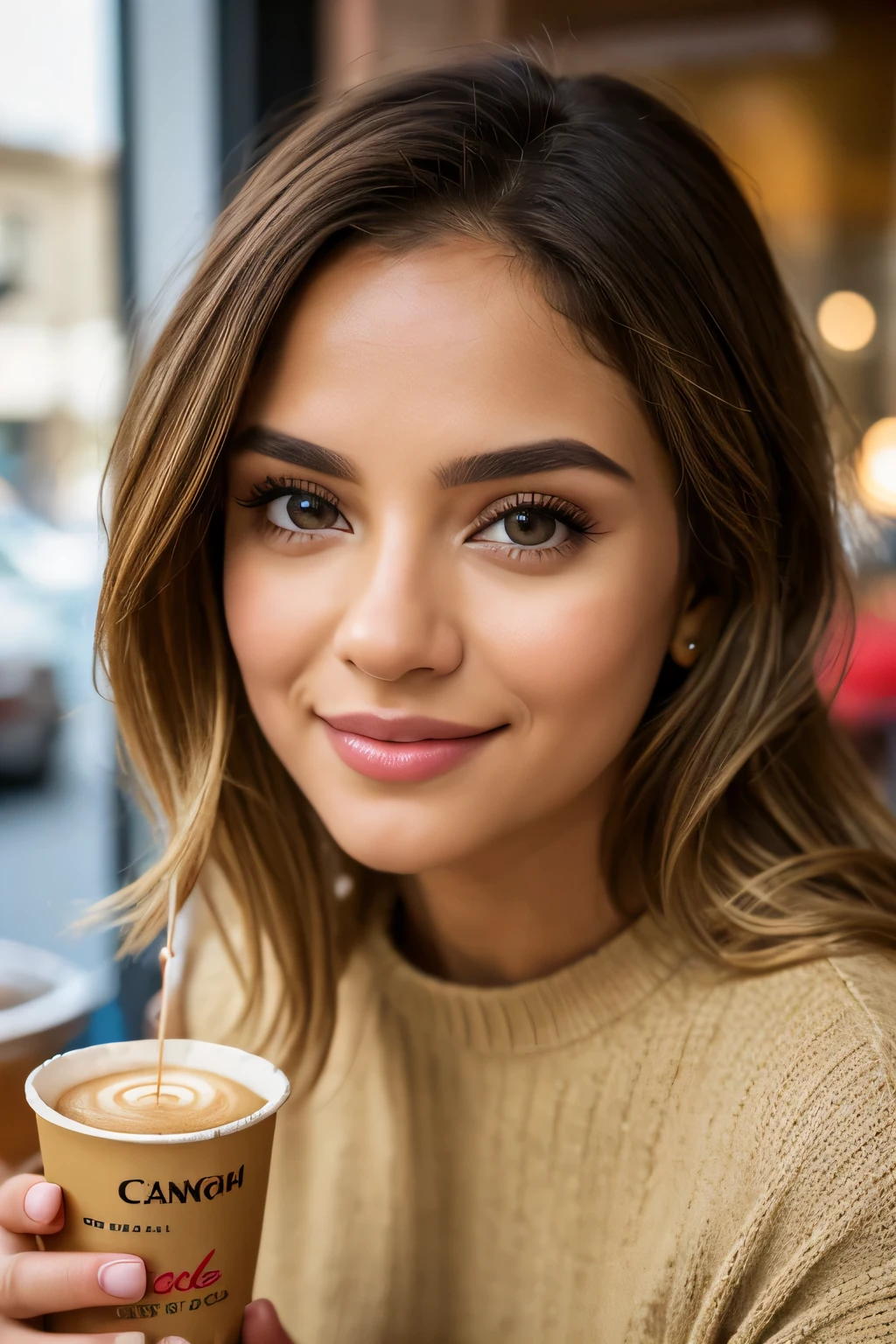 Beautiful brunette with blonde highlights wearing a beige sweater (in a cafe drinking soda), altamente detalhado, 22 anos de idade, , rosto inocente, wavy natural hair , olhos azuis, high resolution, intricate and high-definition detail, altamente detalhado, Sharp focus, Detailed skin, realistic skin textura, textura, olhos detalhados, profissional, sorriso encantador, Photo taken with an extremely tight Canon, shallow depth of field, Kodak Vision Color, perfect body fit, extremely detailed, Fotografia_\(ultra\), Realista, post-processing,  Maximum details , rugosidade, vida real, ultra realista, fotorrealismo, Fotografia, 8K UHD, Fotografia, Peituda, 85 mm, fotorealista, multiple views, pov, first-person view, mestra, melhor qualidade, 4k