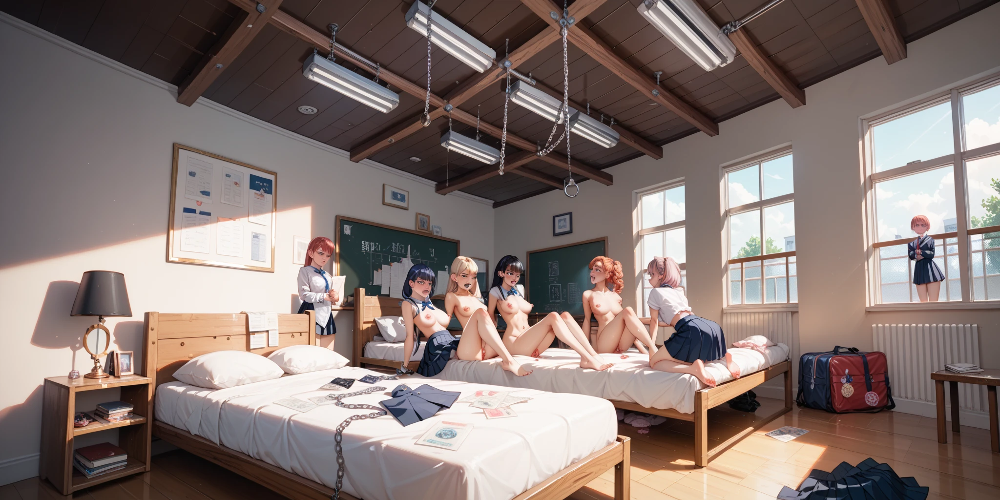 high resolution、masterpiece、Inside the room、10 Girls、naked、bra、T-back pants、Small breasts、Lying down、Harem、Erotic