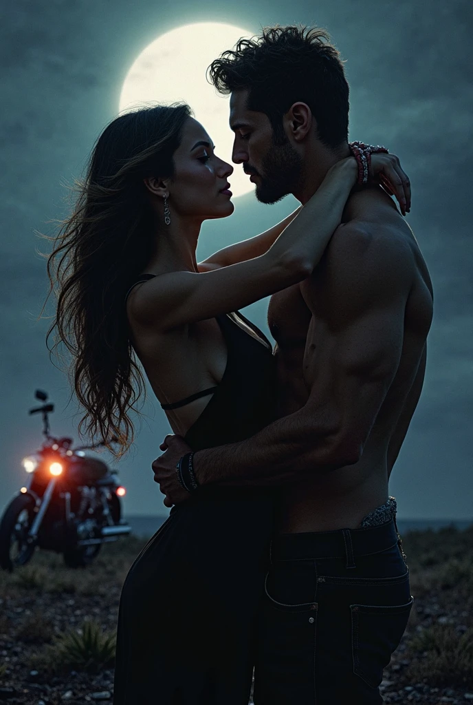 A tall, muscular man with tanned fair skin, leaning relaxed on a black Yamaha R1 motorcycle. His intense dark pink eyes are fixed on a woman in front of him., with a passionate look. He has black hair in a stylish tomboy cut., and wears a long-sleeved black blouse that highlights her trained body, along with gray sweatpants and white sneakers with black accents.
Ao fundo, the landscape reveals the silhouette of a city under the soft light of the sunset, creating a warm and enveloping contrast. The woman he is looking at has long black hair that falls softly over her shoulders., crimson red eyes that glow with intensity, and clear skin. She is dressed in an elegant black dress adorned with red flower details., complemented by a low boot. The scene captures an intimate and emotional moment between the two., with the orange sky in the background, bringing an atmosphere of serenity and romance.