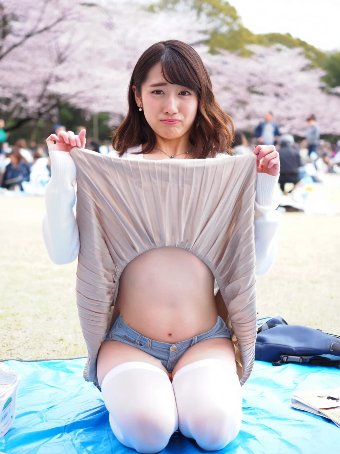 Japanese women、22 years old、(camp site),(Are standing)、Front view、(small乳輪:1.5)、(small胸:1.2)、(bangs)、(small), (masterpiece, Highest quality), ((Looking into the camera)),(((I can see your chest))),(Nipples are visible), whole body、(((Light brown hair))),(Correct number of Al Mountain Jackets, T-Shirts, Trekking pants, Knitted hat), tent、(Fair skin:1.6)