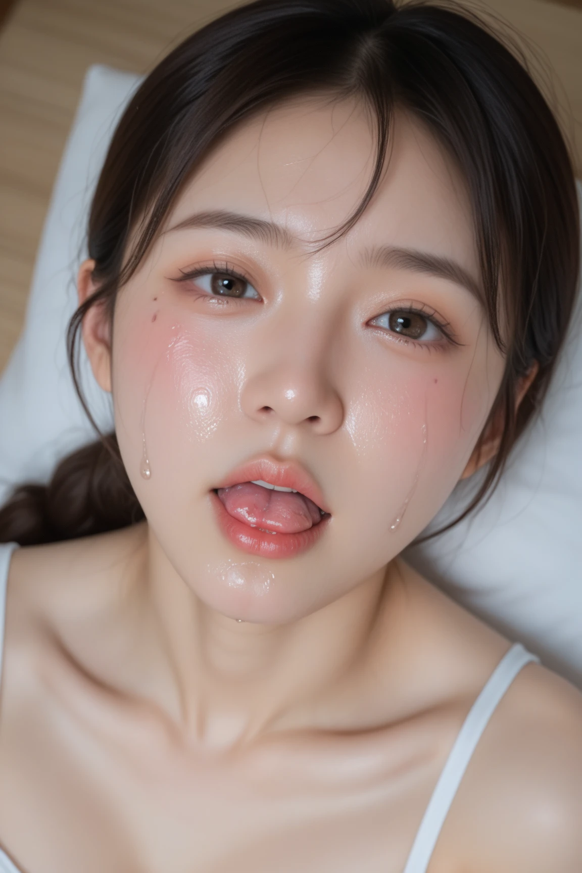 It is surrounded by viscous liquid and is lifted by penis, doggy style pose, seductive pose, seductive face, playing penis, nsfw, cum, sweating, detailed sweating, wet, sexy, sperm on face, sperm on mouth, wet face, sperm everywhere, perfect body, masterpiece, ultra masterpiece, thin body, small breast, beautiful, close up, wearing korean hanbok traditional outfit, close up, blowjob, sperm, cum, long hair,