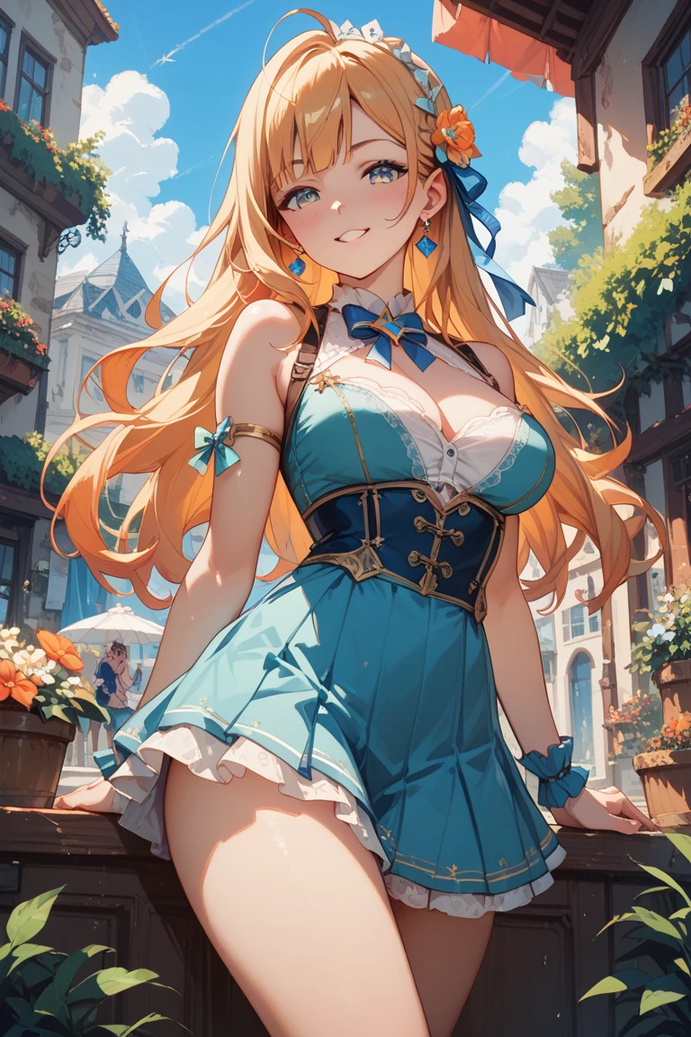 ((highest quality、High resolution))、Portrait、A beautiful woman、Perfect body、Beautiful ample breasts、Long blonde、bangs、Blue and white、Embellished blue sexy dress、skirt、Sexually excited facial expression、Love juice、No panties、((Two beauties showing their pussies))、I'm inviting you to have sex、Outdoor Scenery
