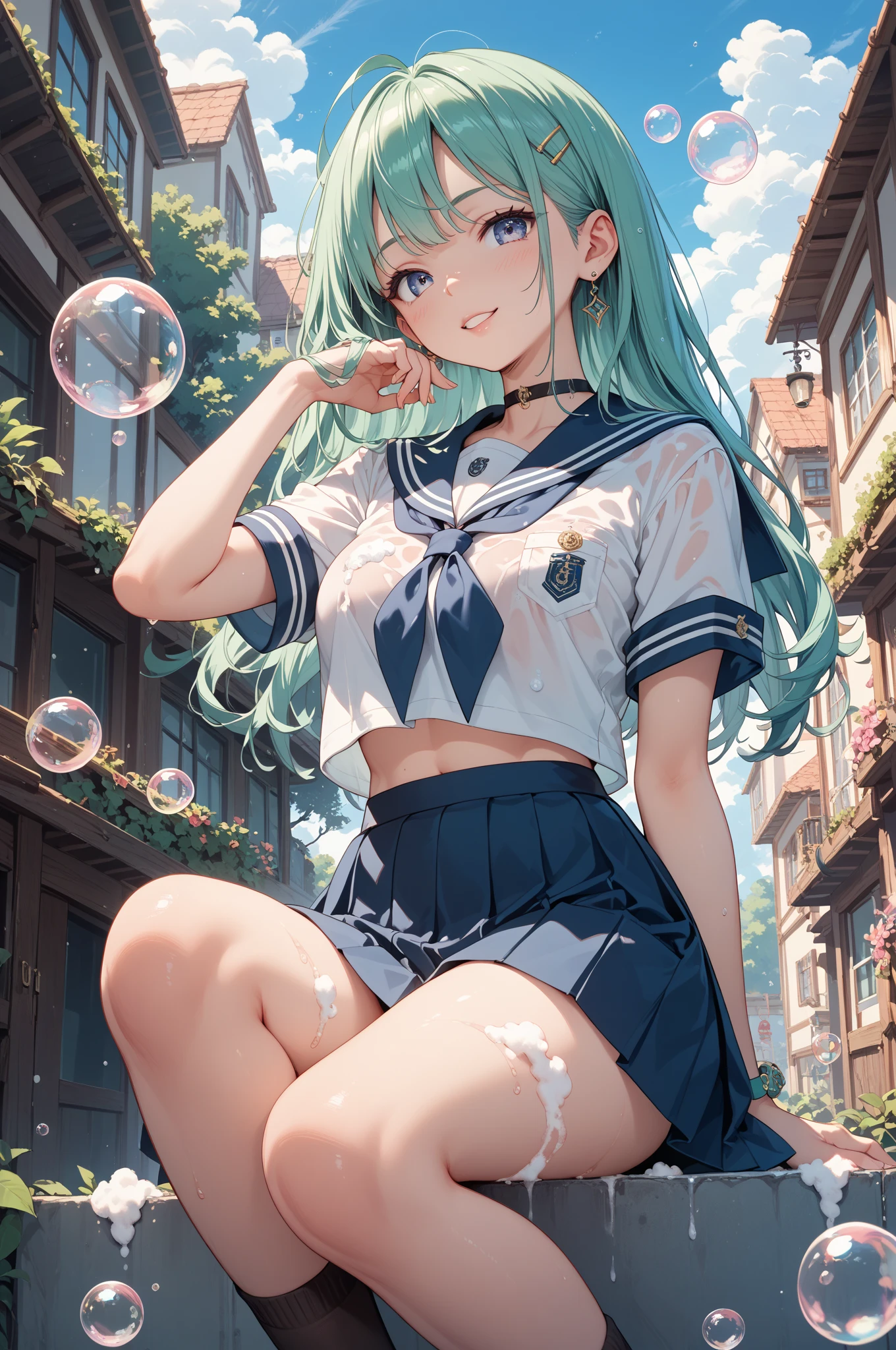 konpaku_youmu_touhou,(chibi:1.1),short_hair, ribbon, hairband, black_hairband, hair_ribbon, black_ribbon, bangs, white_hair,short sleeve, vest,(green mini skirt),blue_eyes,(green vest),bow, blush, black_bow, grey_hair,thighs,(from below:1.3),(upper body:1.3),open mouth, embarrassed ,blush,spread armpit, arms behind head,(spread legs:1.3),(legs up),(cameltoe:1.3),(white panty:1.3),masterpiece,Noise Reduction,perfect ???????,high resolution, ultra-detailed, ultra-detailed face,game cg,dutch angle ,beautiful detailed eyes,visualart,five fingers, perfect hands, perfect lighting, sparkling pupils,