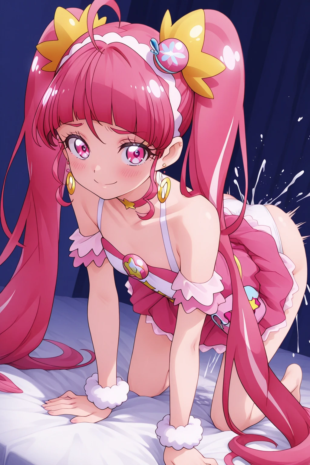 Tt_flat, Steven Universe, whitepink hair:1.5, bigsize long ponytail, low length, low length, low length, topless, topless, topless, 小柄な liTtle small junior body, CureLovely, vest, pink bow, heart brooch, wrist cuffs, pink skirt, heart hair ornament, puffy sleeves, thigh boots, Highest quality, masterpiece, Ultra-high resolution, One girl, In the Dark, Deep Shadow, Modest, Cold Light, Sexy Looks, Open Mouth Smile,, low length, low length, low length, topless, topless, topless, Nipples are visible through the bra, Nipples are visible through the bra, Nipples are visible through the bra, Large nipples, whitepink hair:1.5, Pink Hair, Pink Hair, Pink Hair, bigsize long ponytail, Extra long twin tails, Extra long twin tails, Extra long twin tails, high quality, high detail, beautiful, high resolution, 8K, Super detailed,