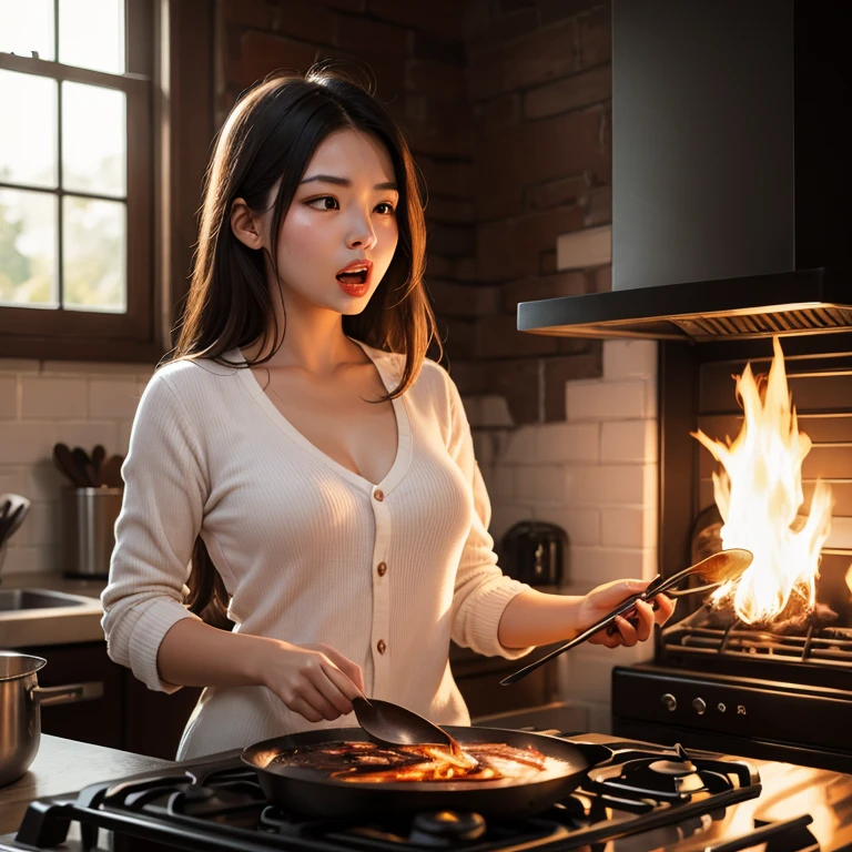 Isabela Merced, bob_cut hair, panic, in the kitchen cooking food, fire on the oven, trying to put out fire:1.2, tank_top, (skin texture:1.1), (high detail face:1.1), full bodyshot, high detail body, high detail clothes, (big breasts:1.3),(masterpiece), (realistic), ultra high definition, 4k, ultra high resolution, film grain, cinematic lighting, rim lighting, photo by Arny Freytag, RAW image