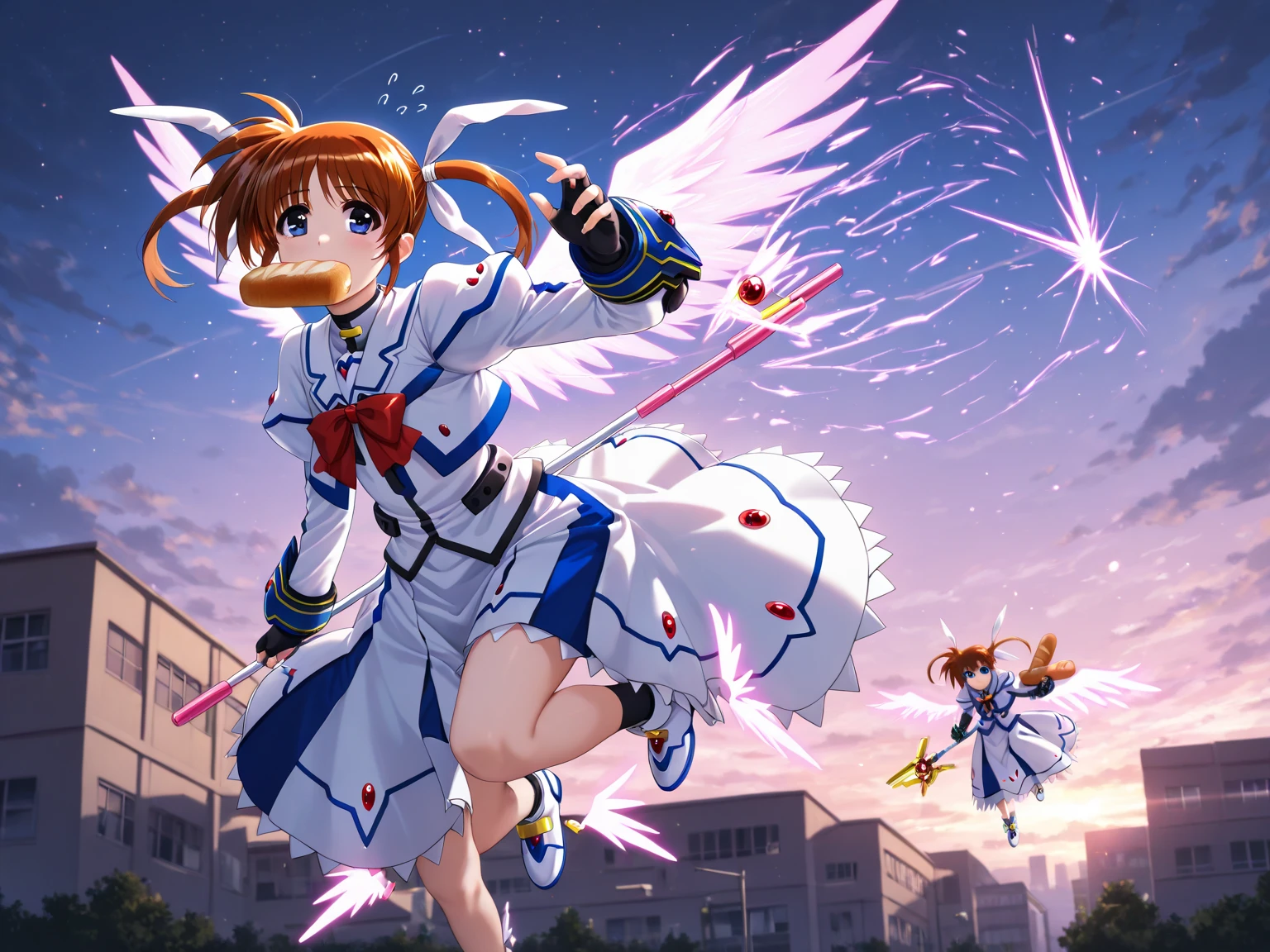 A woman in a white dress holds a sword and a yellow object., Symphogre, Aya Takano color style, Sakura Kinomoto, Anime girl named Lucy, Promotional Art, Gainax's anime style, Inspired by Tsubasa Nakai, Futuristic Anime Girl, Ethereal anime in the daytime, Shinkai Makoto, Tsubasa Nagai's style