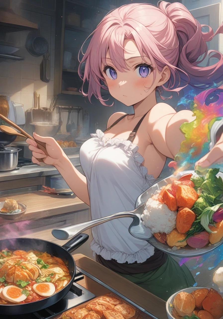 Half-naked pastry chef covered in running grape parfait ramen、Severely torn clothes are scattered、Matcha powder sandstorm with unstable buoyancy、Amazing dynamism、Amazing Angle