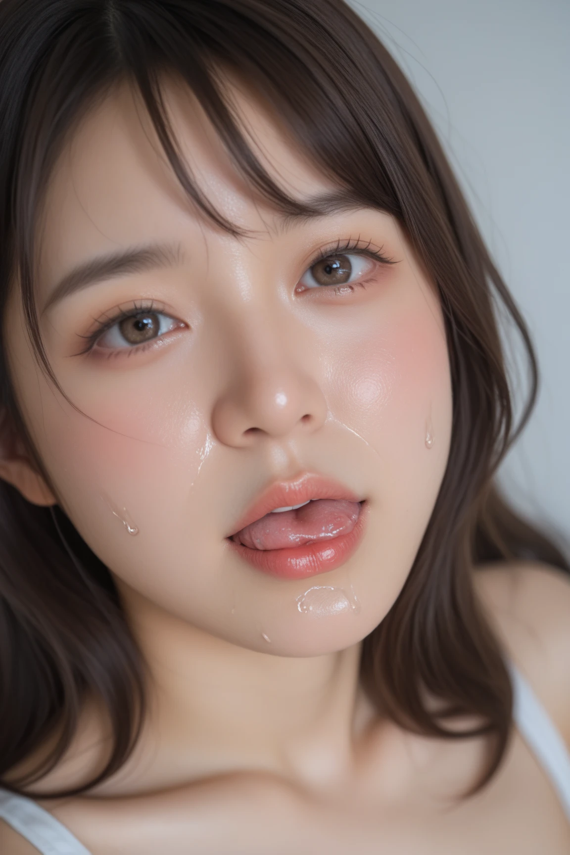 (((pov, shoot from top, oral sex, blowjob, fellatio, licking penis, cuw body, cum facial, cum on tongue, cum inside vagina, creampie, cum string, bukkake, lying, naked, on bed ))), Young lady, 1boy, penis, (((closed eyes, open mouth, orgasm))), bathed in soft, warm lighting, showcasing , well-defined abs, flawless, fair skin, vibrant eyes with double eyelids, long, wavy hair cascading down her back, exuding an innocent yet sultry aura. expose delicate abs, white