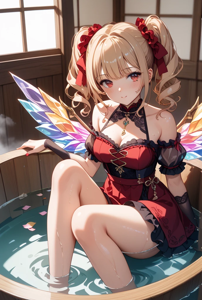 Projeto Oriental, Flandre Scarlet sentada na cama com uniforme JK, hands crossed at the waist, cabelo amarelo claro, warm lighting, primeiro plano desfocado, bonitinho, mudar, anime, 4K, with demon wings, touca de banho, obra de arte, tronco