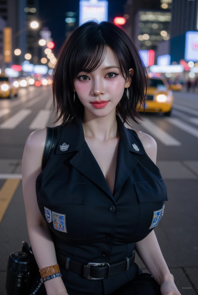 best quality, highres, textured skin, 8k, Anatomically correct, masterpiece:1.2, photo-realistic:1.37, super realistic details, Realistic proportions, extremely detailed face, solid circle eyes, chubby girl, curvy:1.2, looking at viewer, Just 2 girls police officers, Each with a different face, Japanese girls police officers, Armed with the latest weapons:1.6, modern equipment, stand at full height, Police Uniforms:1.4, deep neckline, police badge:1.5, short mini skirt, provocative sensual poses, confident expression, Various stylish hairstyles, huge breasts, (button gap:1.4), suntanned body, cyberpunk city, City of the Future, 2080s, night scene, Beautiful Neon Lights, No people in the background, A scene from a movie, cinematic lighting, cinematic shadows, vibrant colors, feminine yet authoritative, attention to facial features and makeup, depth of field, Futurism,
