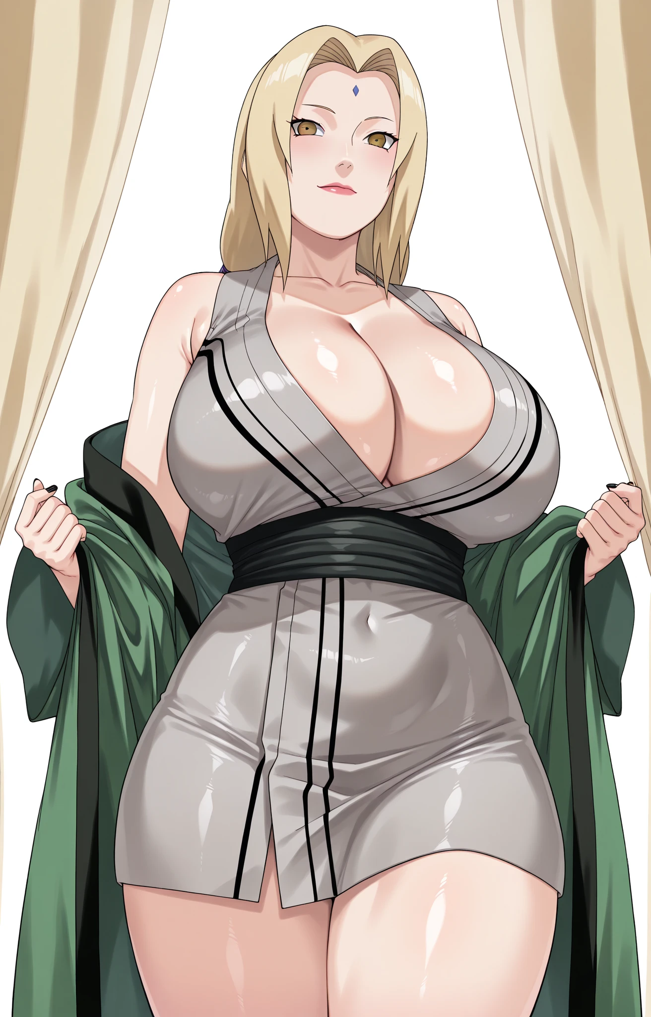 big breasts, voluminous breasts, curvy breasts, fishnets, standing with a katana, full height, bottom view, Best Quality, Very detailed, ultra 8k resolution,huge chest, shelter , vest, long skirt, portrait, Whole body, victorias clothing, long dress, gentleman, pants, black leather suit, medieval city, plants, vest,Polo shirt, forest, long skirt