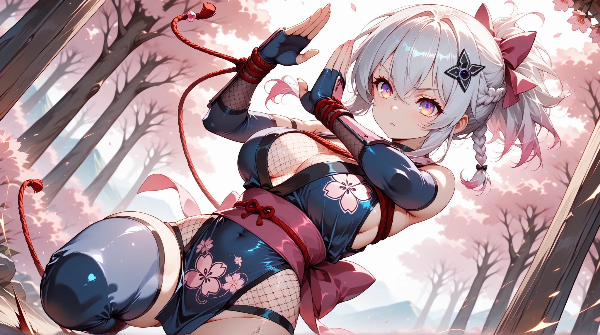 (photorealistic:1.8, highest quality:1.8,8K masterpiece:1.8,High resolution,muste piece:1.8,RAW Photos,cinematic lighting,red and purple dream colors),one young woman、(Pasties、Completely naked、choker、knee high tights、loafer shoes),(beautiful detailed blue eyes:1.7,double eyelid:1.6,Beautiful skin with glowing details:1.2,small face、whole body), 
(from below:1.5,Looking at Viewer:1.5),( midium Hair:1.2、Beautiful shining blue and white hair:1.5), expression(Gentle Smile、face turns red:1.3),(Moderate chest:1.3), 
Pause(Tied to a cherry tree with a rope,red rope、breast bondage:1.5), 
background(Bright forest with blooming flowers),(detailed perfect face),anatomically correct,correct move:1.5,correct foot:1.5,4 fingers and 1 thumb in correct proportions,(cameltoe),No split screen,slender abs:1.2,(Young sensual gravure idol)