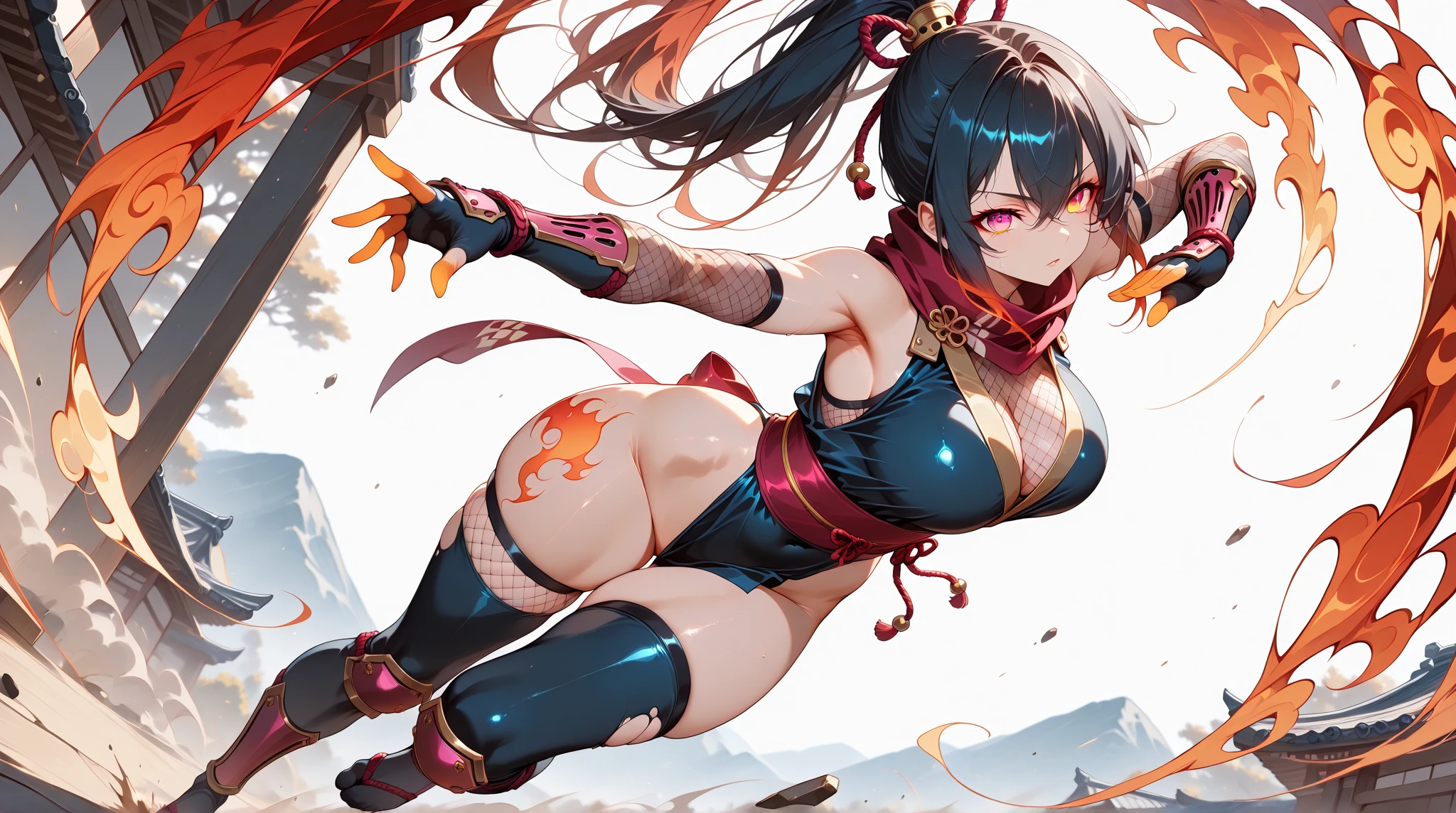 1 girl, black hair, straight hair, blue eyes, small eyes, turime, mature face, see-through, big breasts, cameltoe, no panties, blurry background, blushed, pepperoni nipples, erect nipples, dancing, areola slip, look down, ((dragon horn)), sword, flame, shadow, ashes, armor, dawn, micro mini skirt