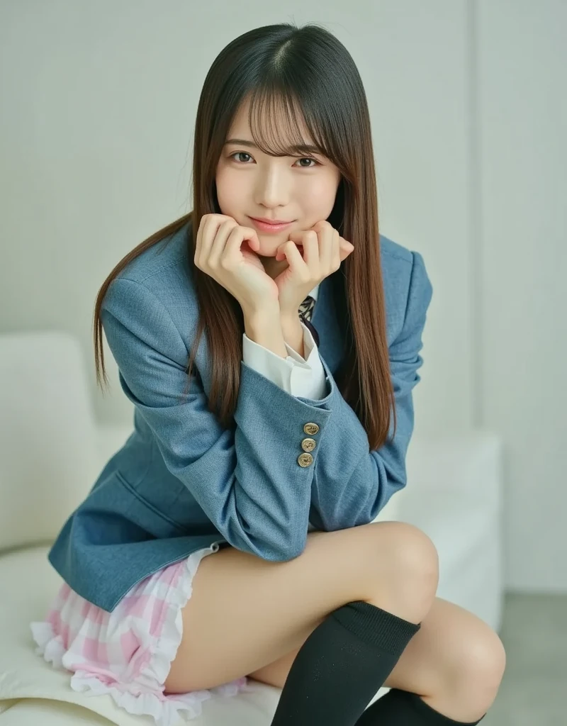 best quality, detailed, beautiful, insanely detailed, absurdres,perfect anatomy, Japanese woman,black hair,27 years old, (slender), (small breasts), cheerful, sitting, hair over one eye, flipped hair, (red business suit, red skirt),(white panties:1.1),(Looking at the camera, squatting with legs spread:1.4, hands on knees, beautiful inner thighs, panties shot:1.4), (View from below:1.3)