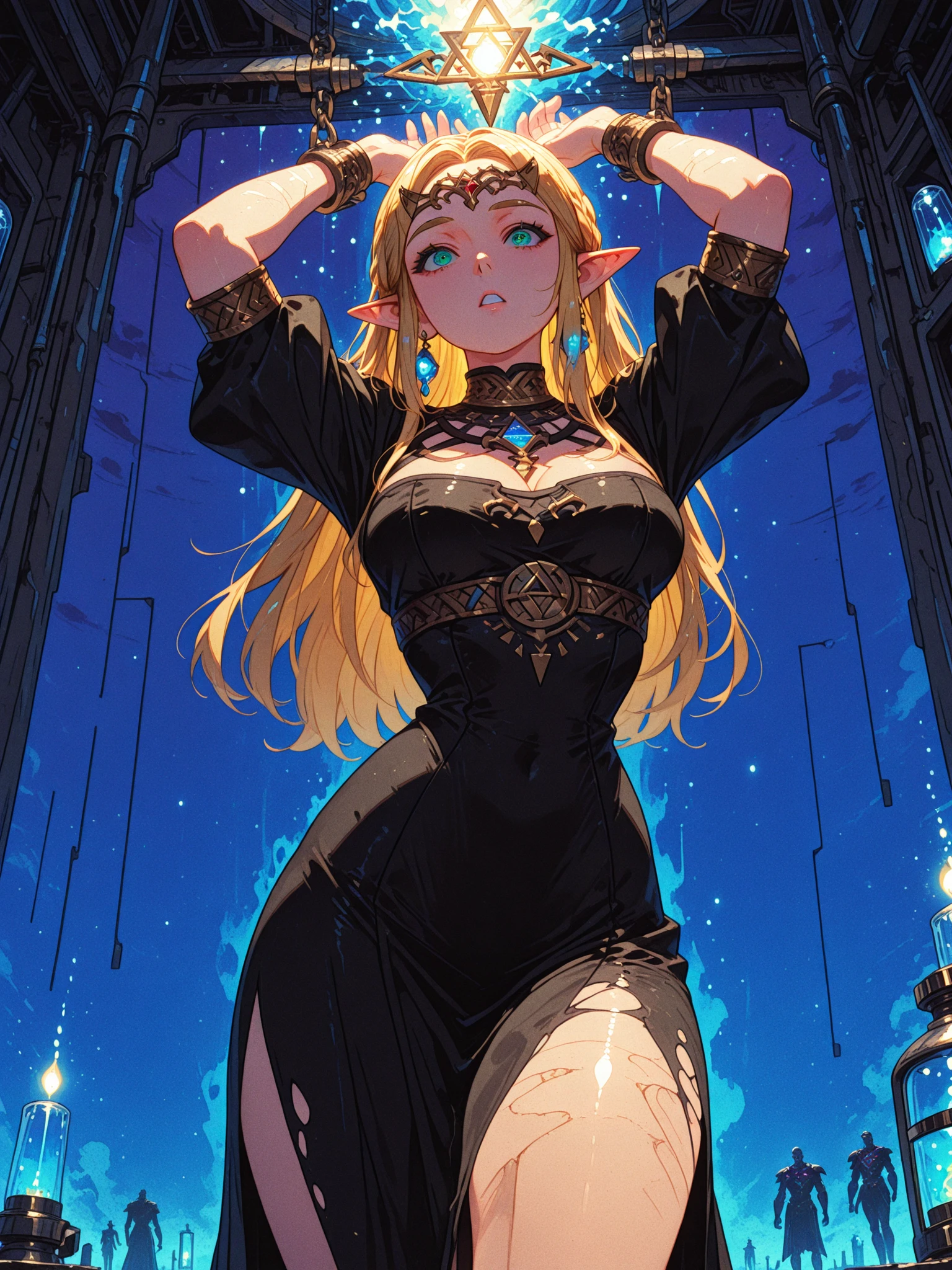 Girl wearing Majoras Mask, light blonde hair with side braids, medium breasts, symbols on hands, emanating a sinister aura, full body, (ultra-realistic), {extremely detailed 8k CG unit wallpaper}, landscape photography expansive, (a view from below focusing on the model and the sky above), (wide open field view), (high angle shot), (high light: 1.6), (low light: 1.2), (light source Warm: 1.8), Intricate Details, (Iridescent Colors: 1.5), (Bright Lighting), (Atmospheric Lighting), Dreamy, Magical, Majoras, Mask, The Legend of Zelda, Stately
