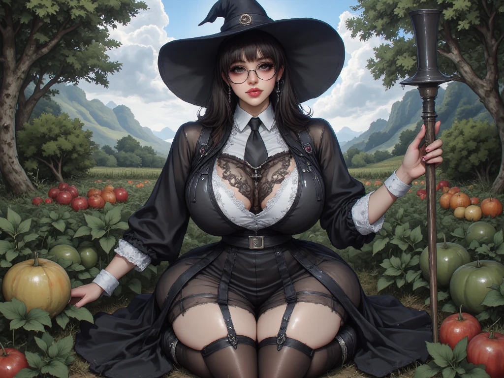 (masterpiece, top quality, best quality, official art, beautiful and aesthetic:1.2), (1girl:1.3), long and curly dark brown hair, ((extravagant updo)), Victorian style, extremely detailed, portrait, looking at viewer, solo, (full body:0.6), detailed background, close up, mischievous eyes, (cold midnight castle theme:1.1), extremely busty witch, huge lips, charlatan, smirk, mysterious, being seductive by a cottage in the forest, witch hat, broom, revealing gothic witch dress, lace, extremely tight bodice, black attire, black skirts, long sleeves, loose sleeves, black leather, cloak, corset, black dress, fishnets, thigh high black boots, buckles, straps, pouches, glowing green magic energy, dark purple fabric, silver trim, black leather, gigantic breasts, cleavage, skindentation, slim waist, slim hips, long legs, medieval (forest cottage exterior:1.1) background, nighttime, dark mysterious lighting, shadows, magical atmosphere, dutch angle