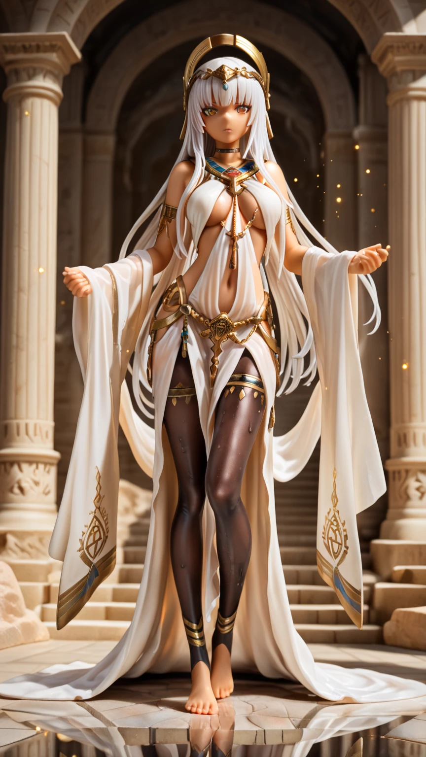 30 years age Woman, white long hair, long sexy blue dress, Stand inside the underwater city buildings, Smile, face beauty, pearl necklace, wearing a mermaid headband, blue nail polish, blue eyes with a piercing gaze, Full body