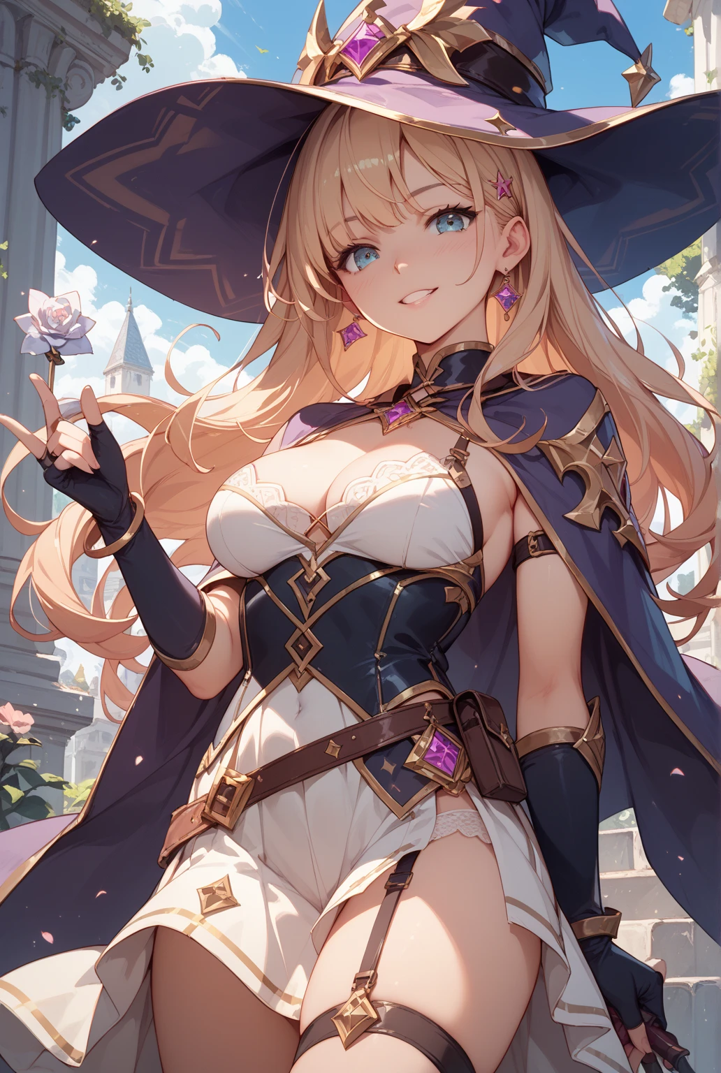 Light brown long hair, blue witch hat, blue clothes, white shorts, purple eyes, witch, magic, rose red cape, fairy tale, castle, 4K, European style