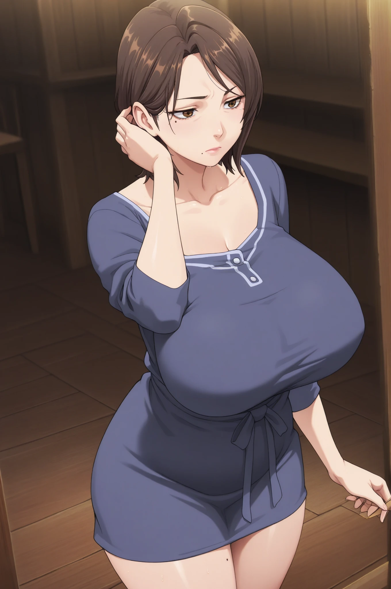 Looking into the camera、When I Look at You、lookatviewer、Anime Style、Eroge、1 Girl,  (Huge long breasts:1.2), (Black camisole maxi dress)、Low Angle、Brown haired, hair band、Bob Hair、The forehead is visible、smile,Round Breasts、Pregnant women